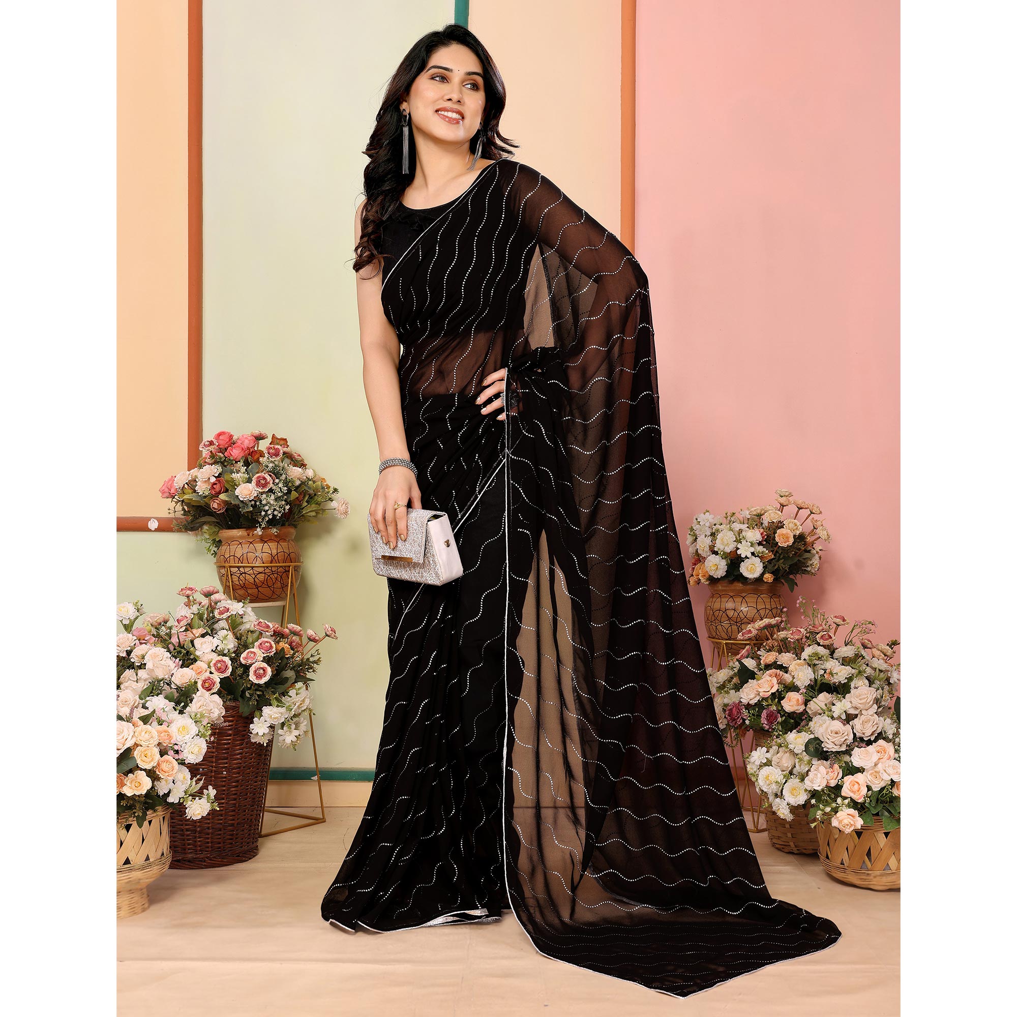 Black Swarovski Work Embroidered Georgette Saree