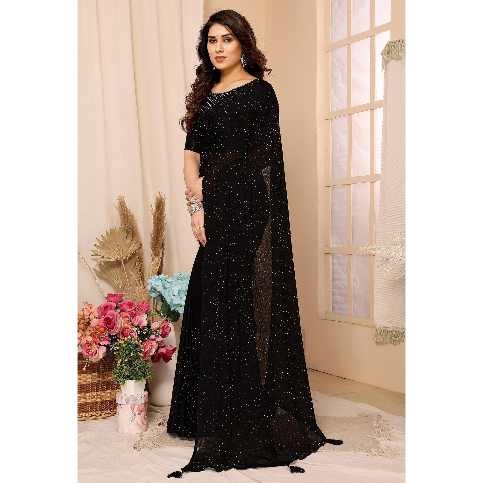 Black Swarovski Work Satin Chiffon Saree With Tassels