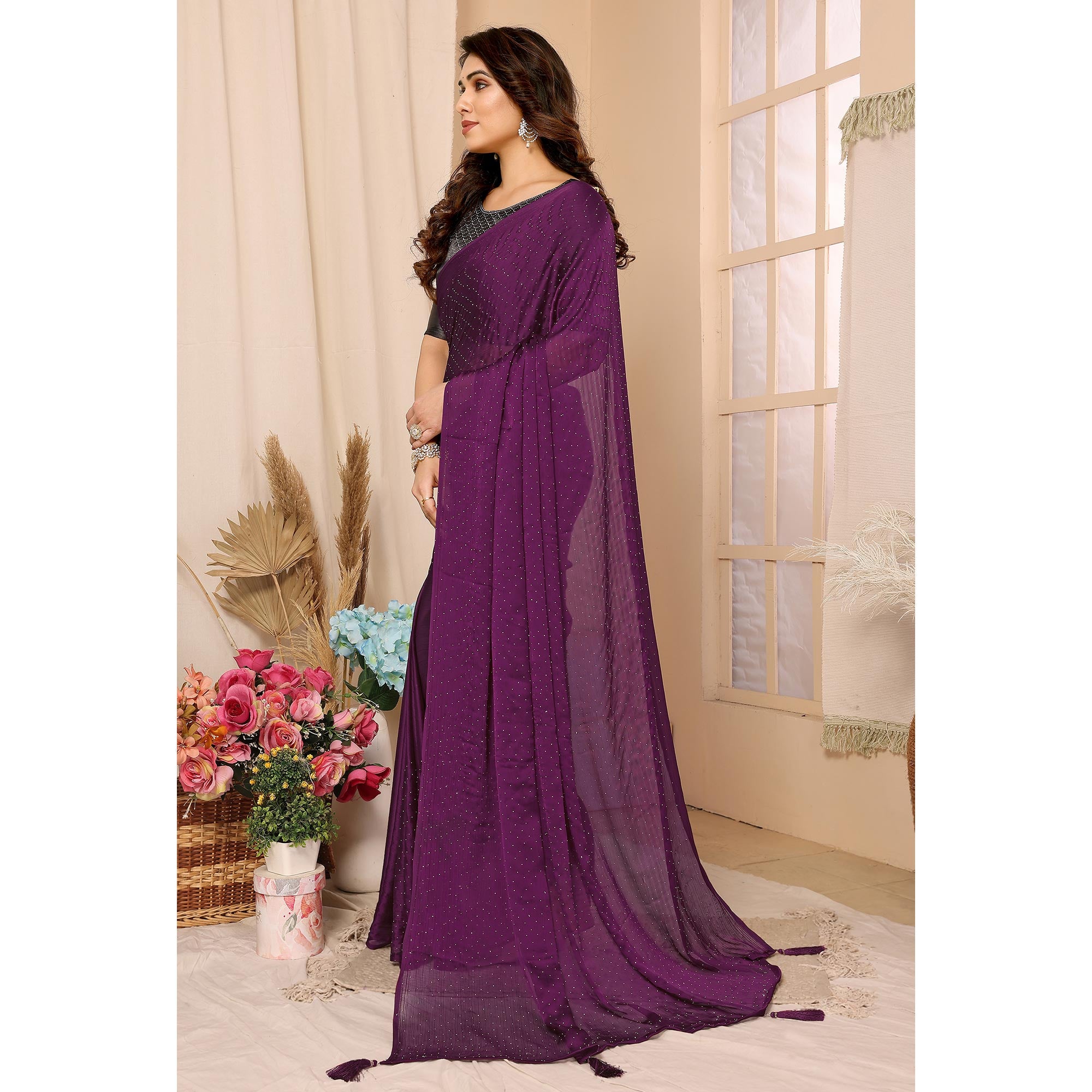 Purple Swarovski Work Satin Chiffon Saree With Tassels