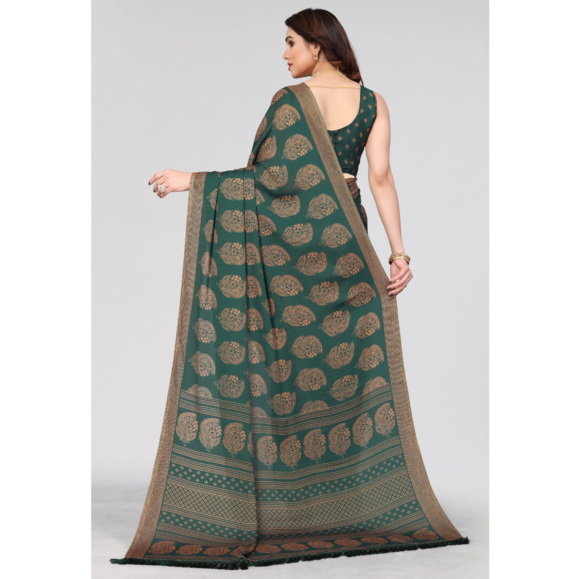 Bottle Green Floral Printed Satin Silk Saree