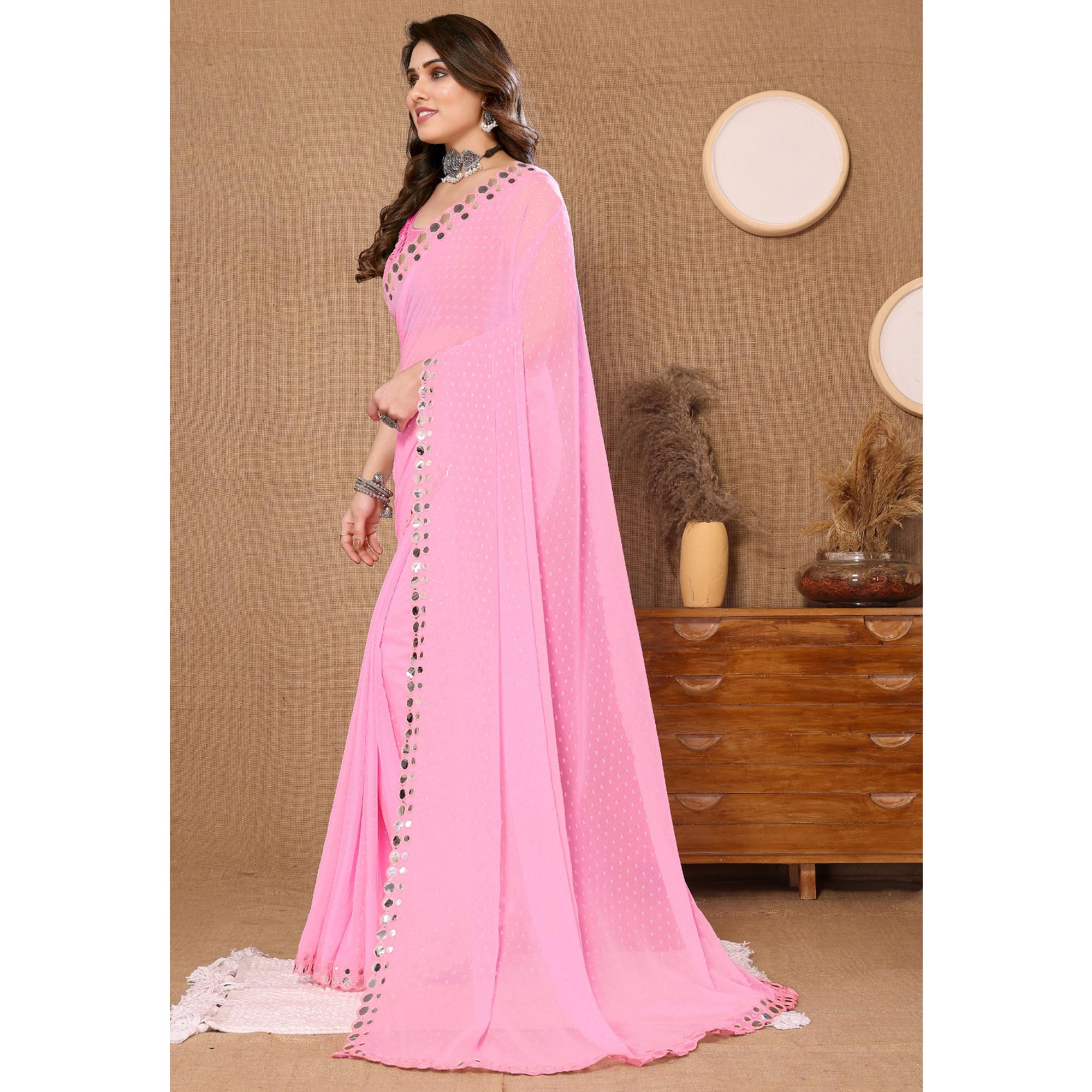 Light Pink Embroidered Butti Work Georgette Saree