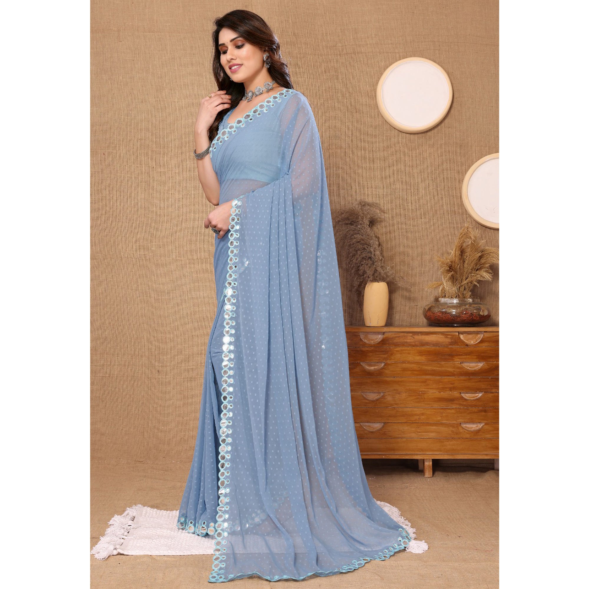 Pastel Blue Embroidered Butti Work Georgette Saree