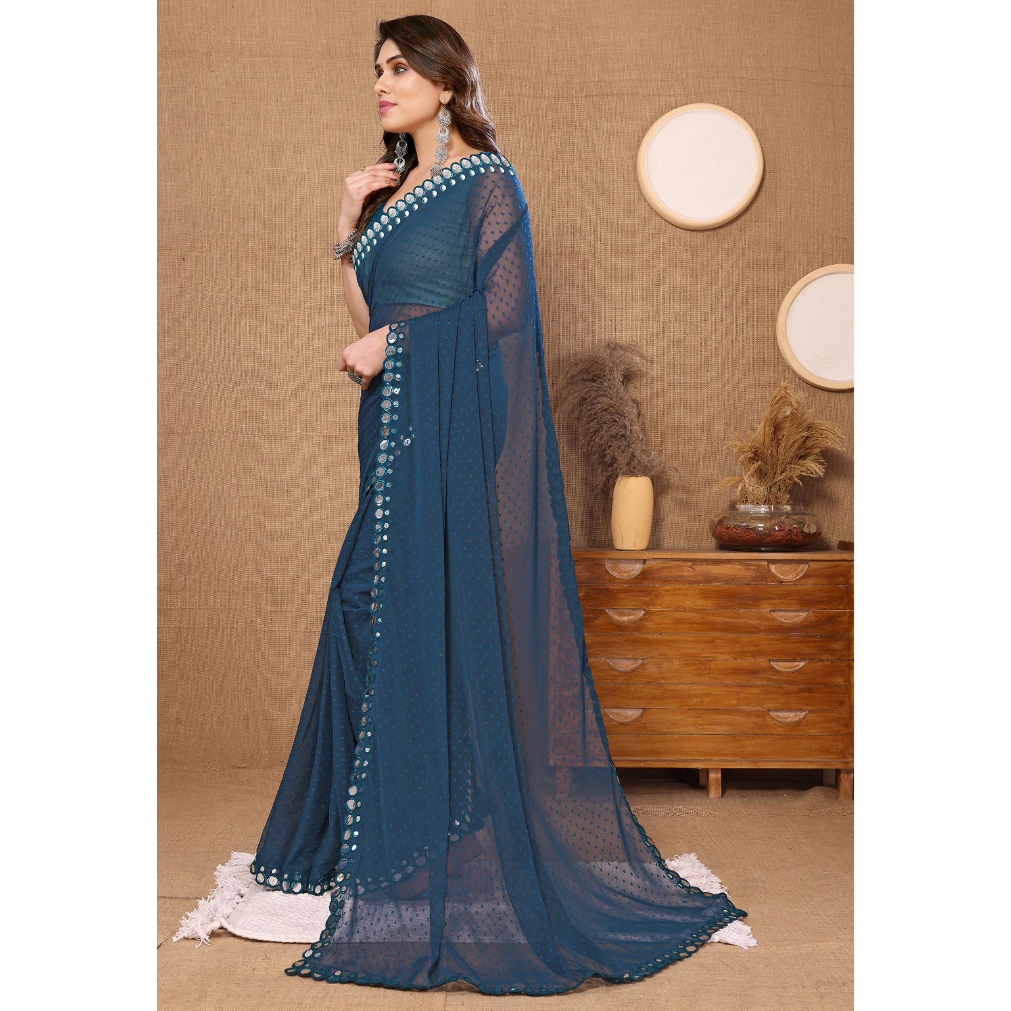 Teal Blue Embroidered Butti Work Georgette Saree