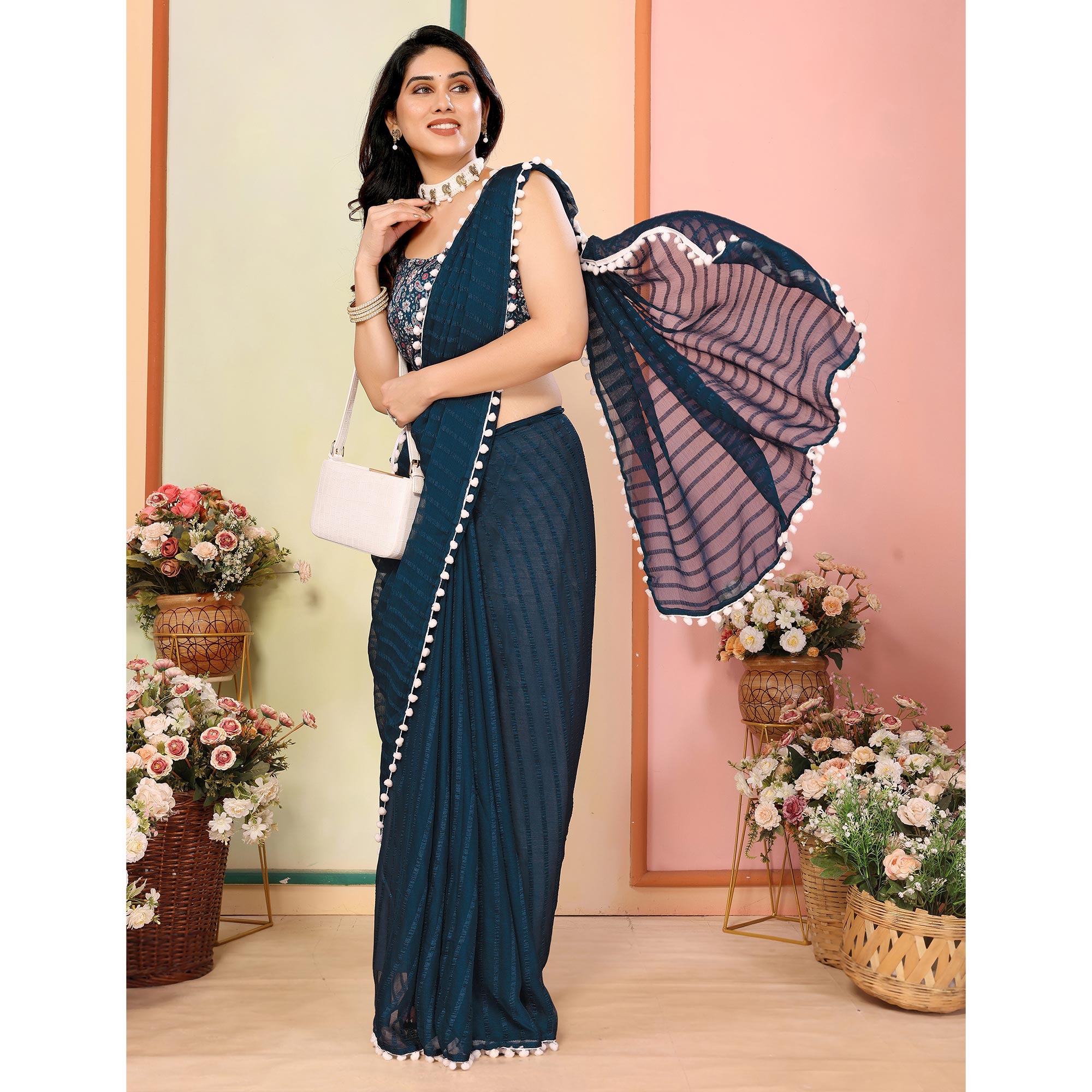 Teal Woven Striped Pattern Georgette Saree