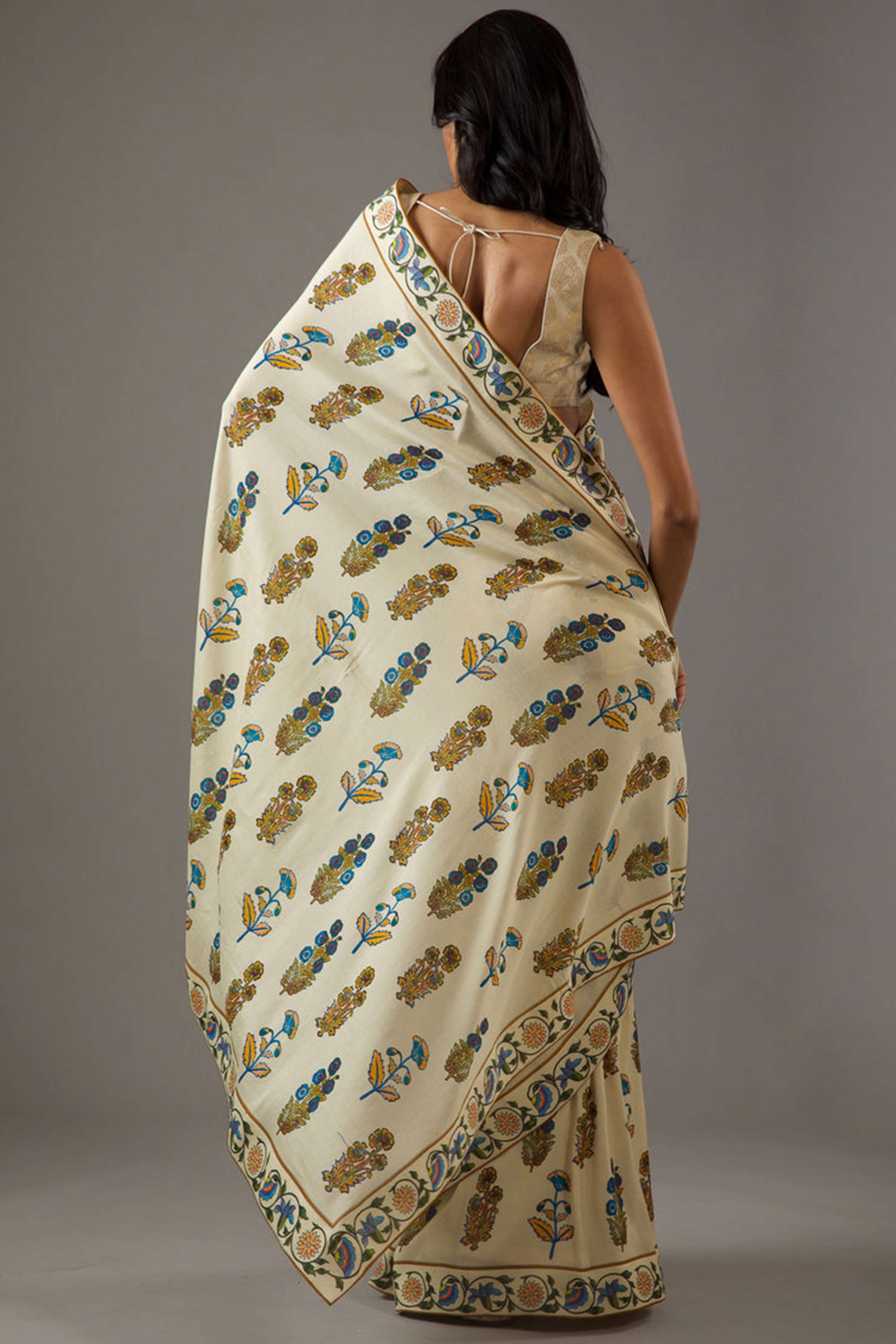 Beige Floral Digital Printed Moss Satin Saree