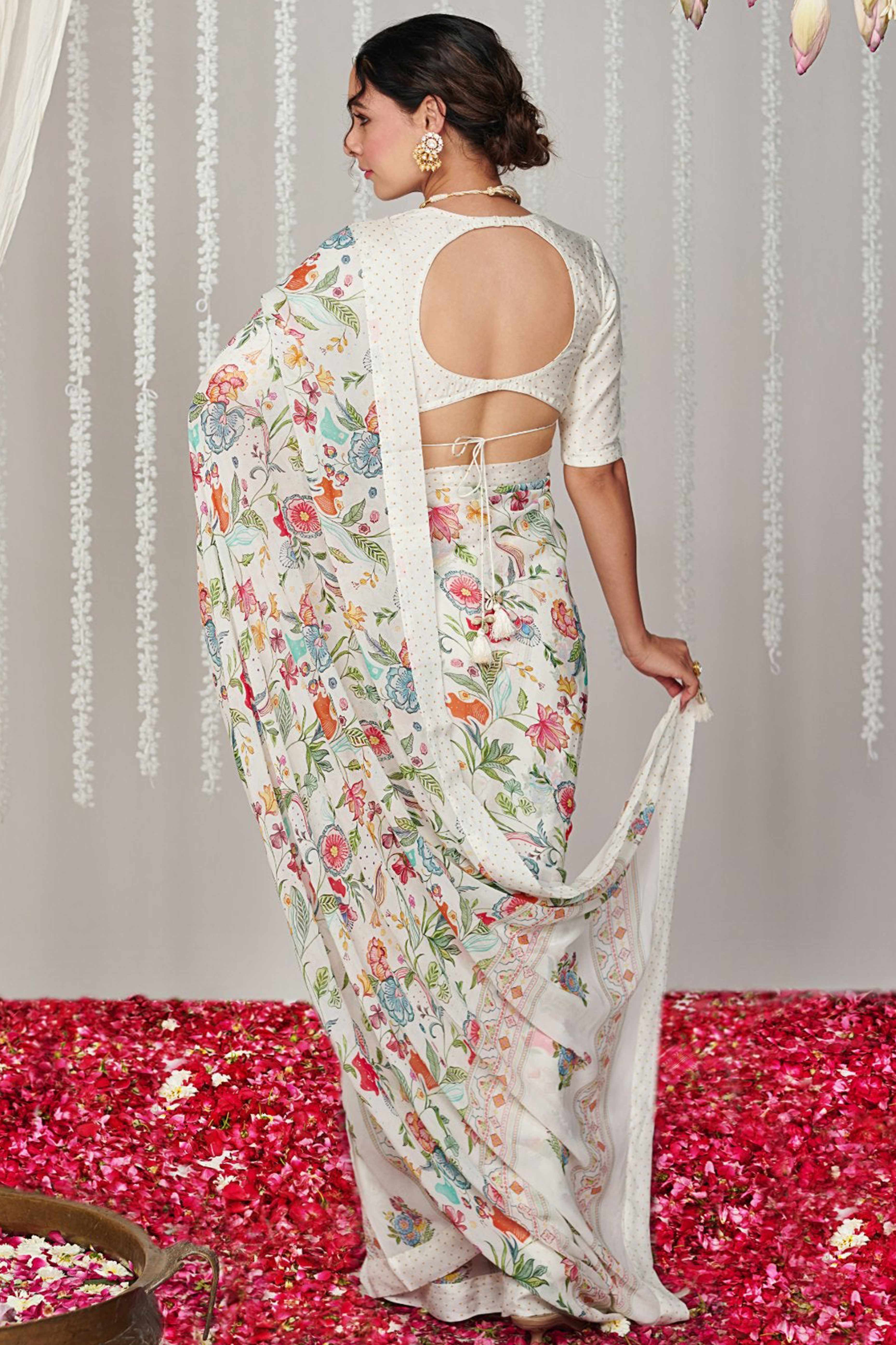 White Floral Digital Printed Moss Satin Saree