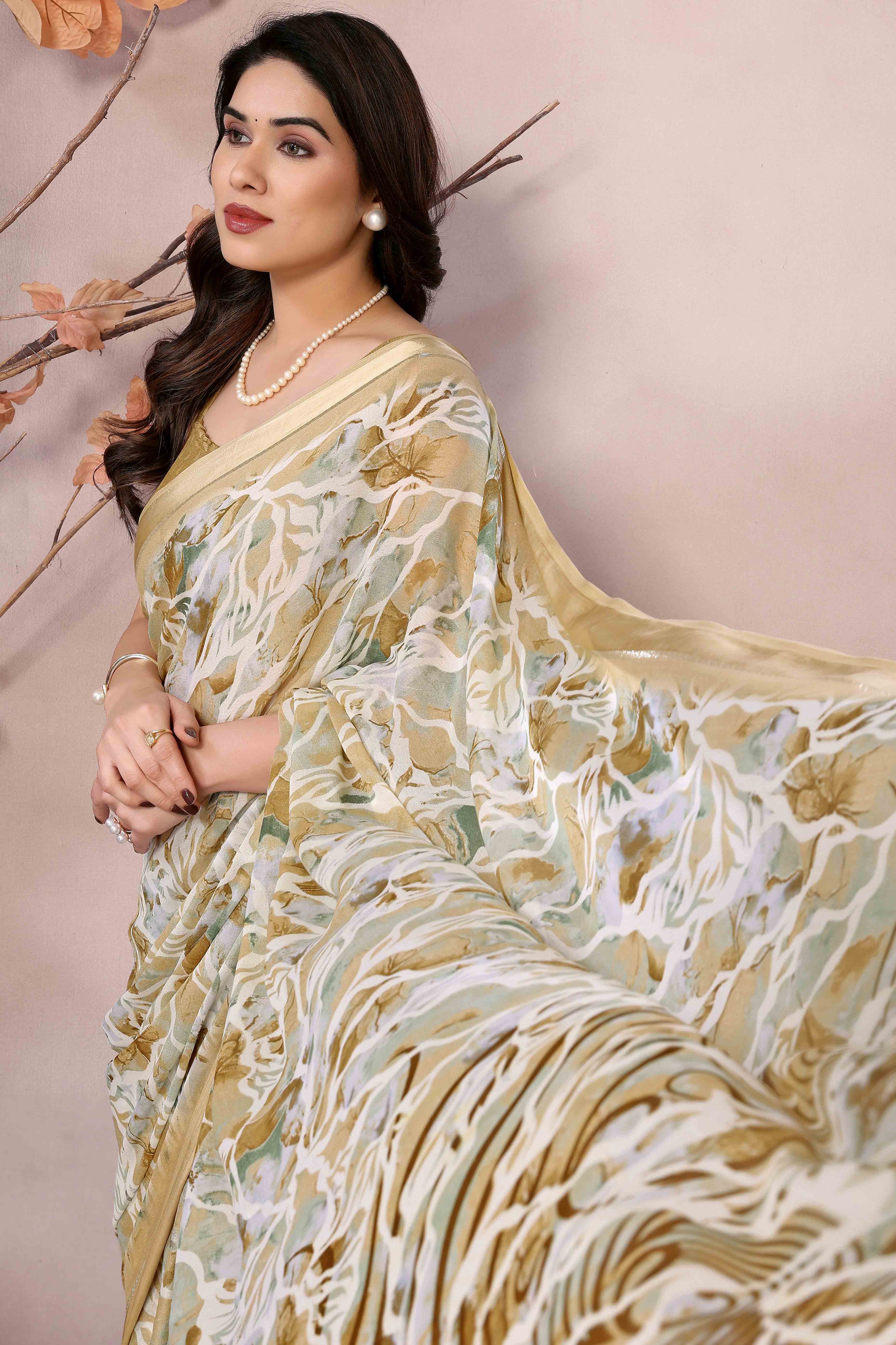 Beige Floral Printed Satin Saree