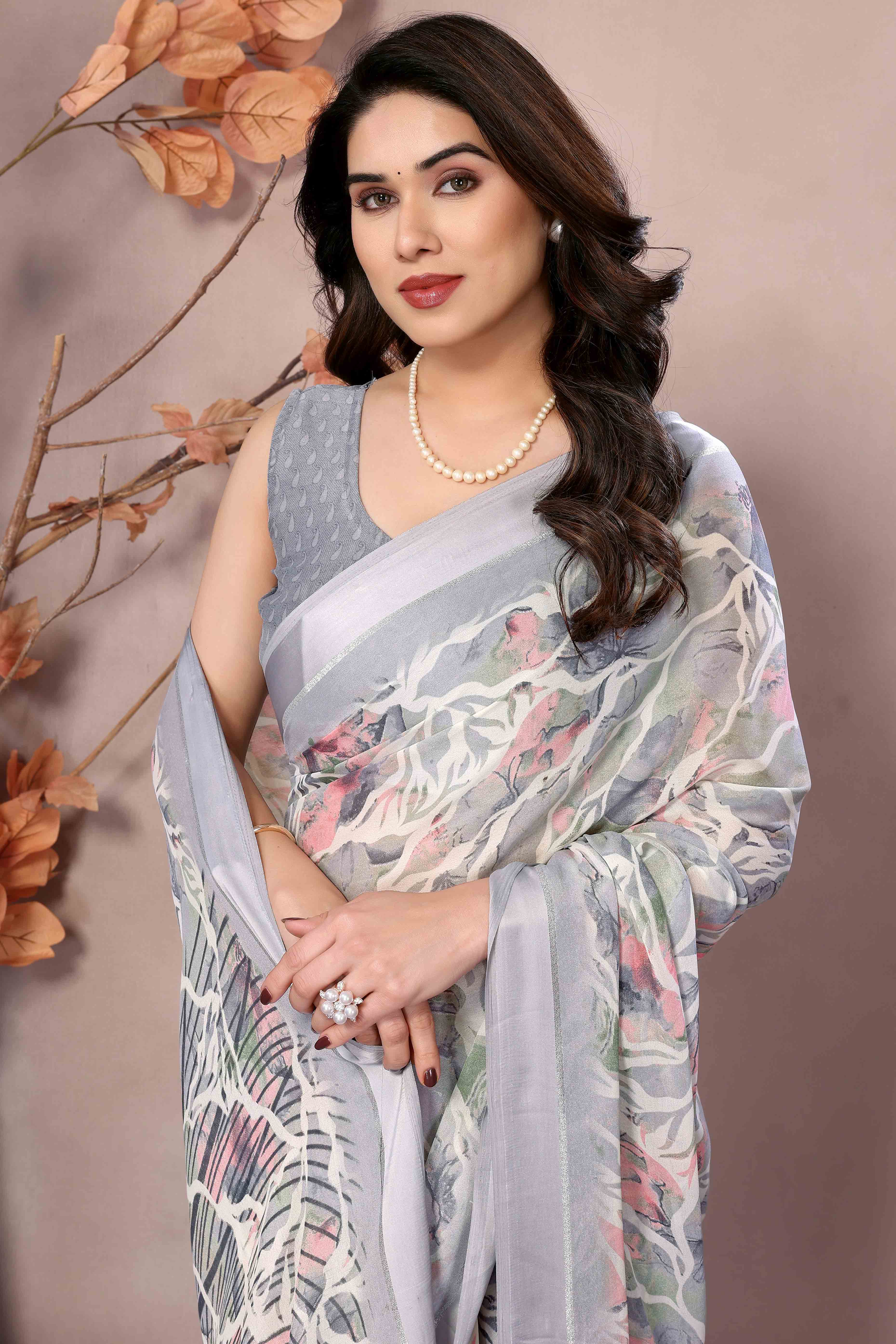 Grey Floral Printed Satin Saree