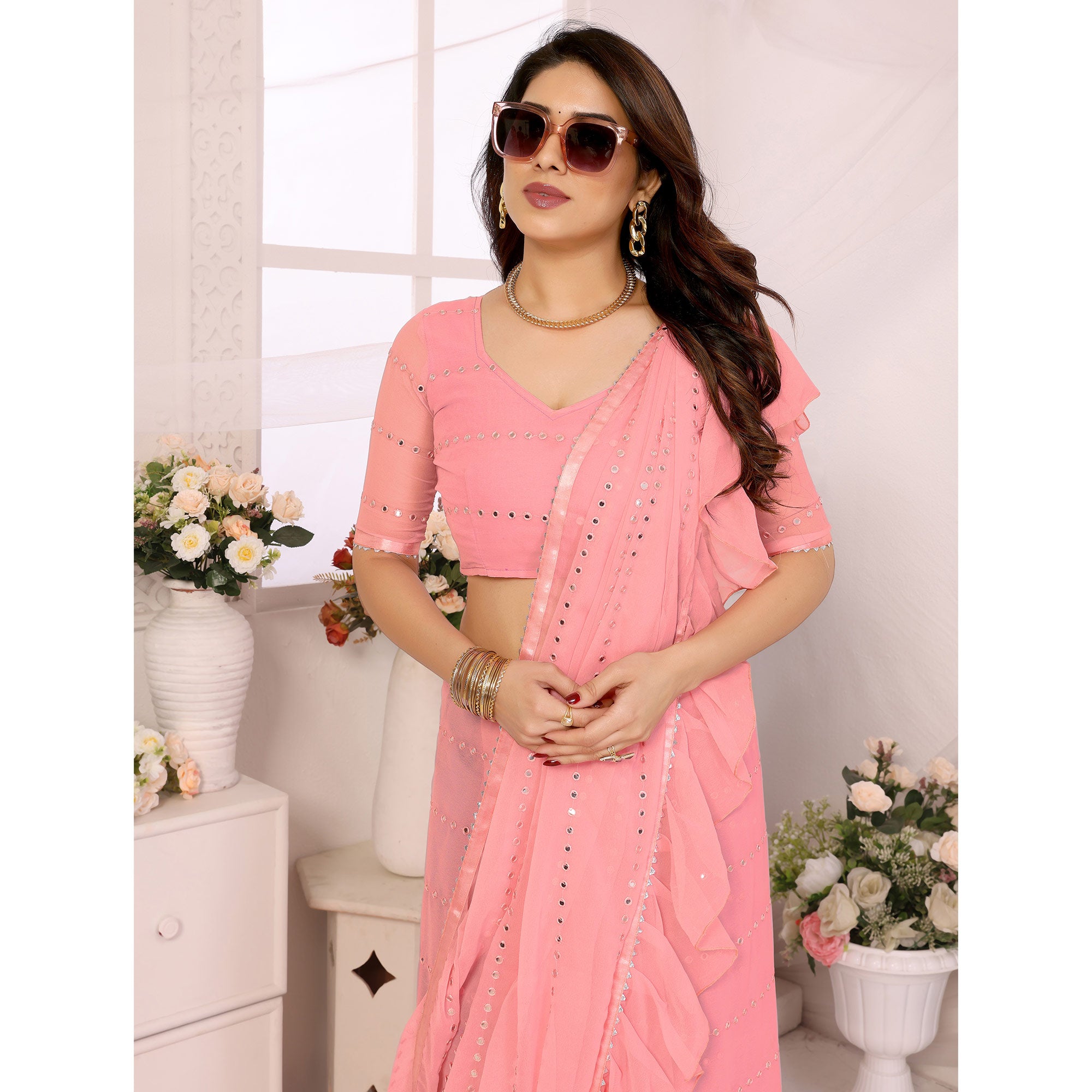 Pink Mirror Work Embroidered Georgette Saree With Ruffle Border