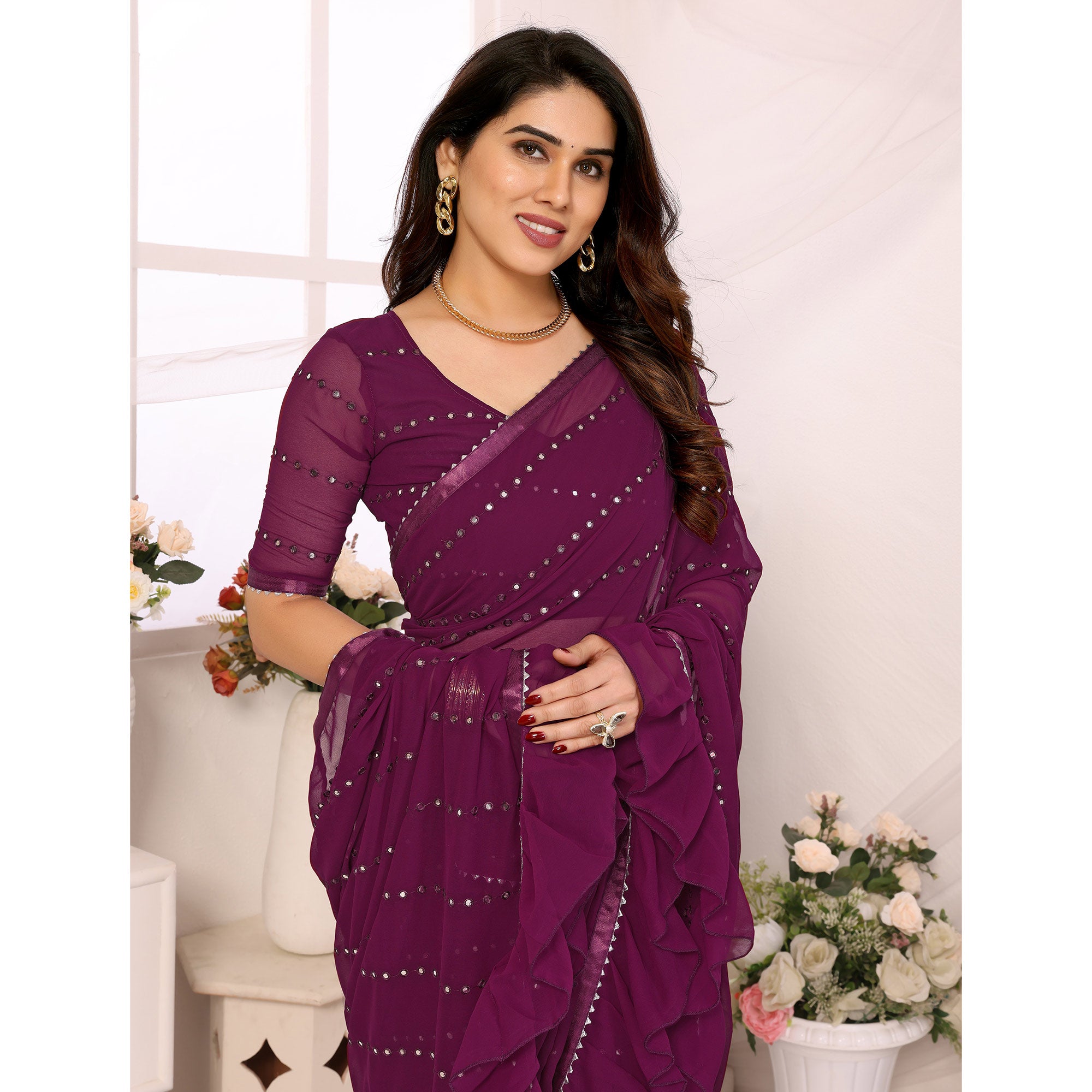 Wine Mirror Work Embroidered Georgette Saree With Ruffle Border