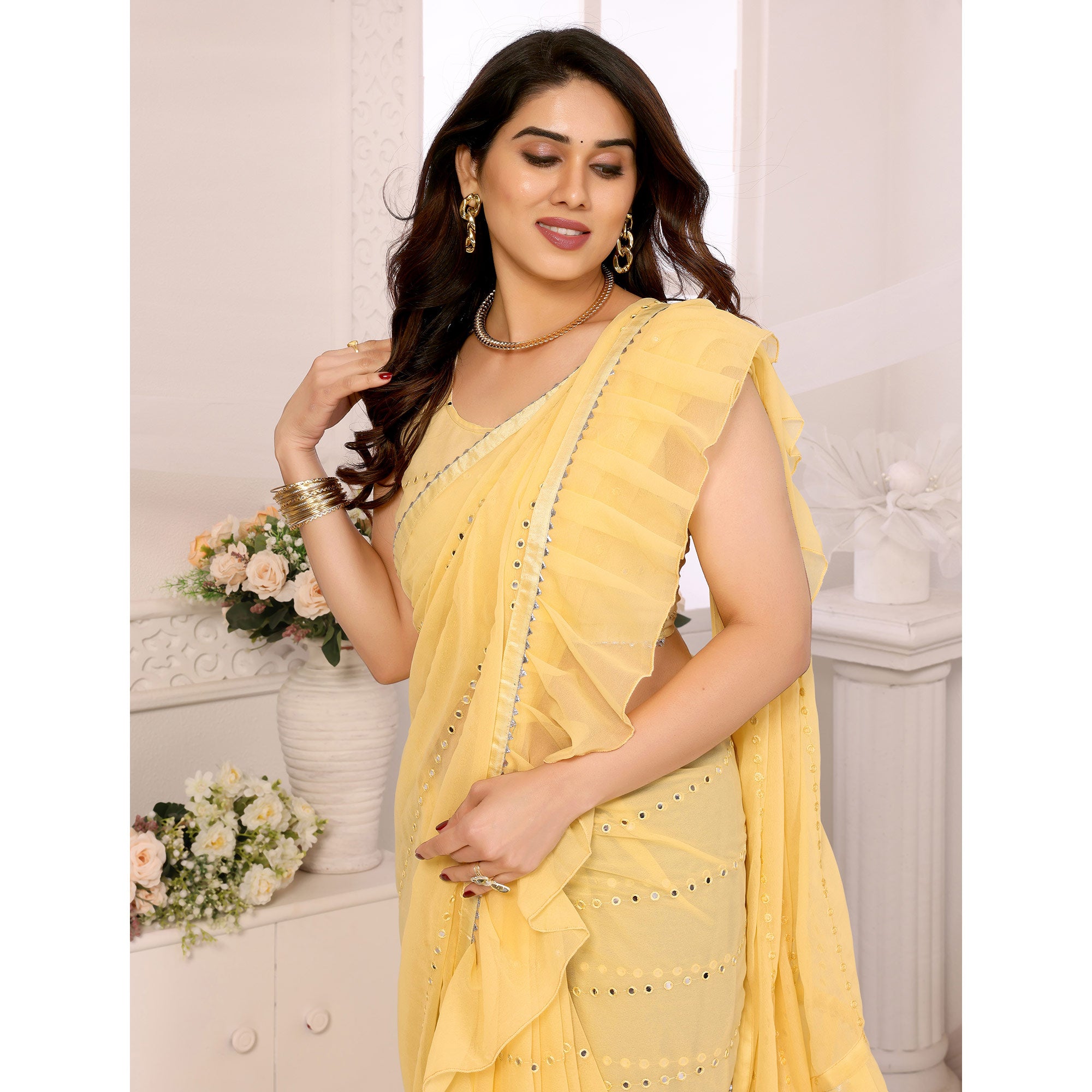 Yellow Mirror Work Embroidered Georgette Saree With Ruffle Border