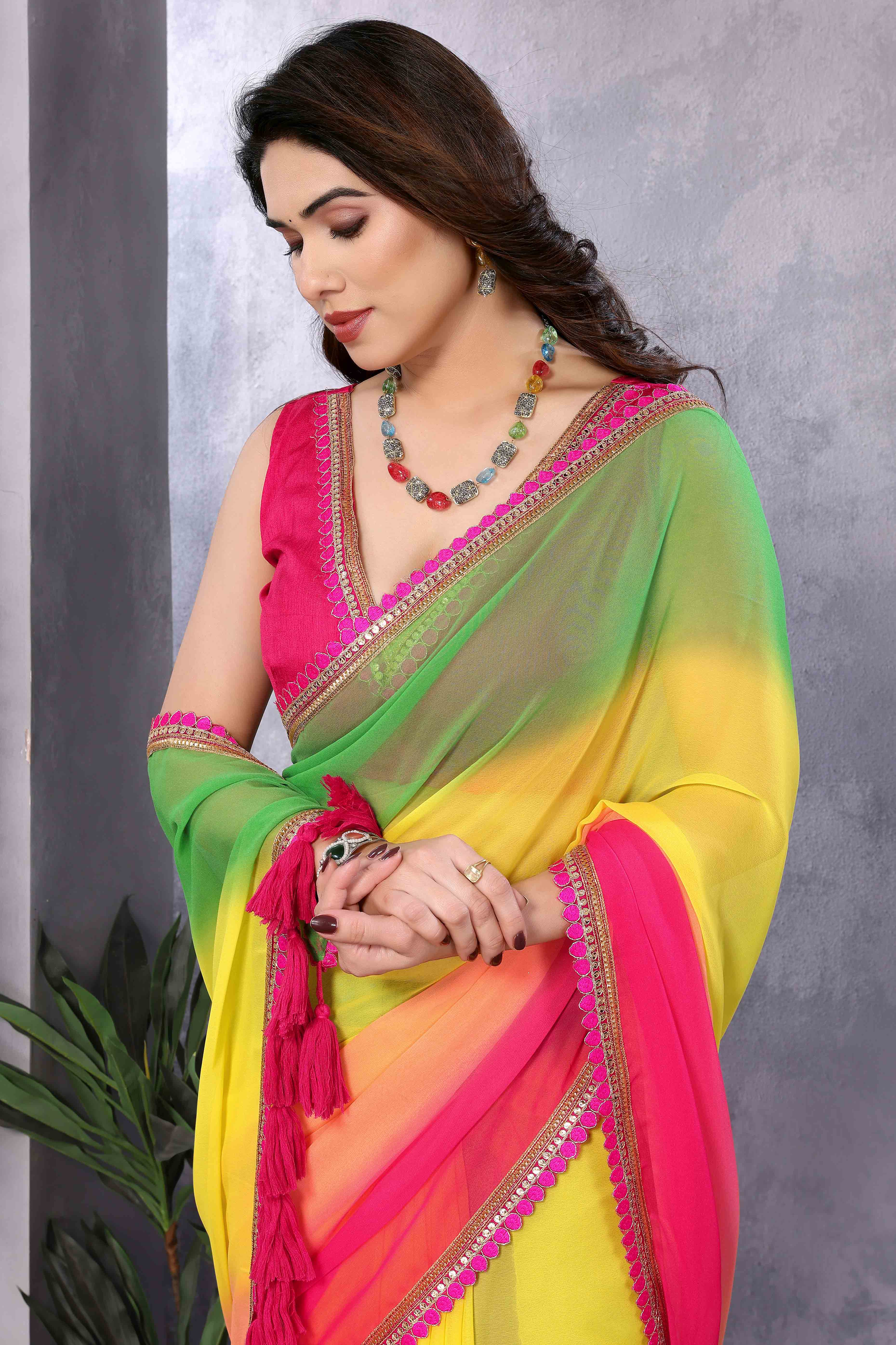 Multicolor Ombre Georgette Saree With Tassels