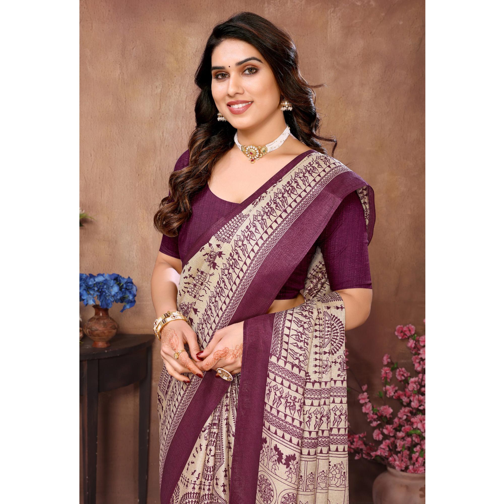 Off White & Purple Warli Printed Khaadi Saree