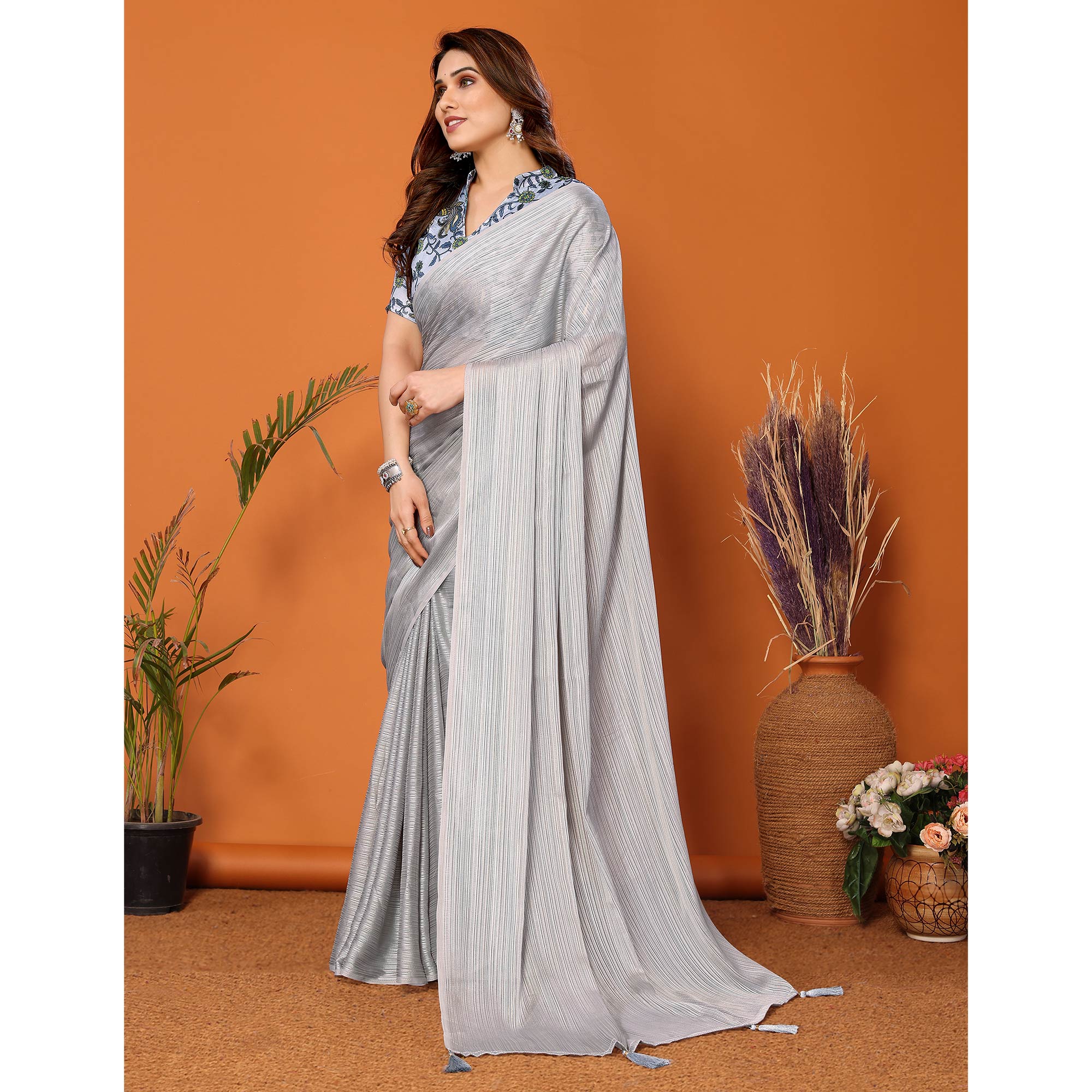 Grey Woven Satin Saree With Tassels