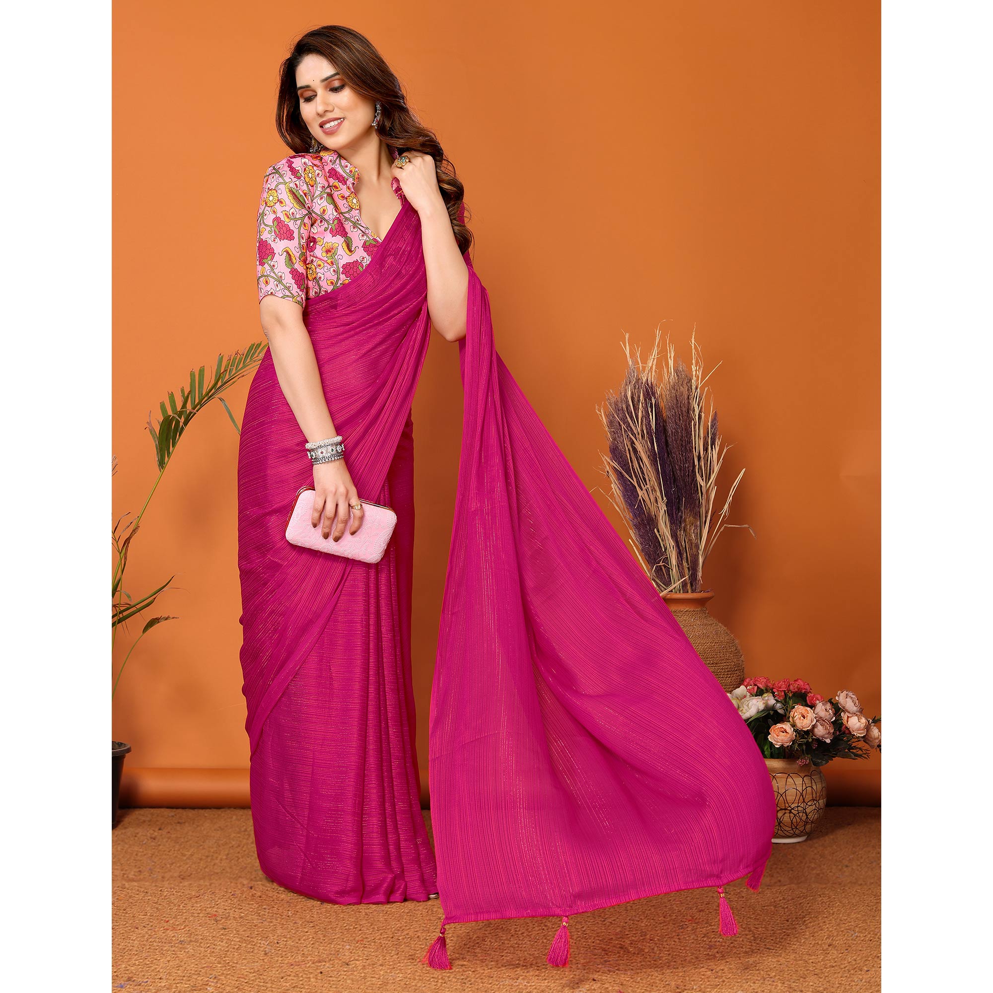 Magenta Woven Satin Saree With Tassels