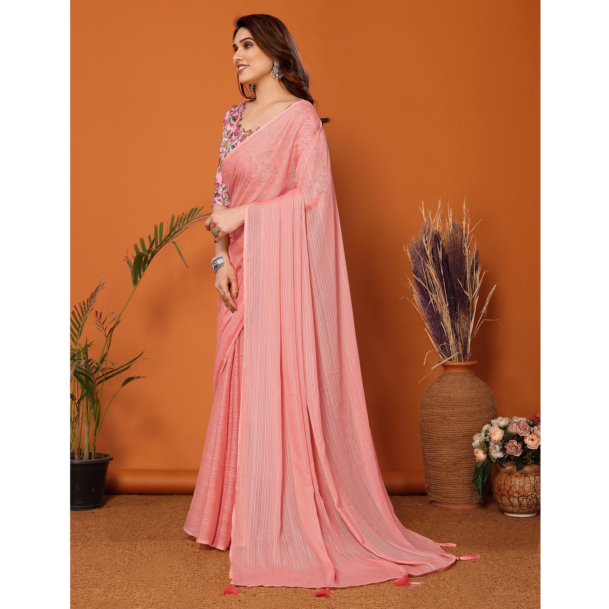 Peach Woven Satin Saree With Tassels