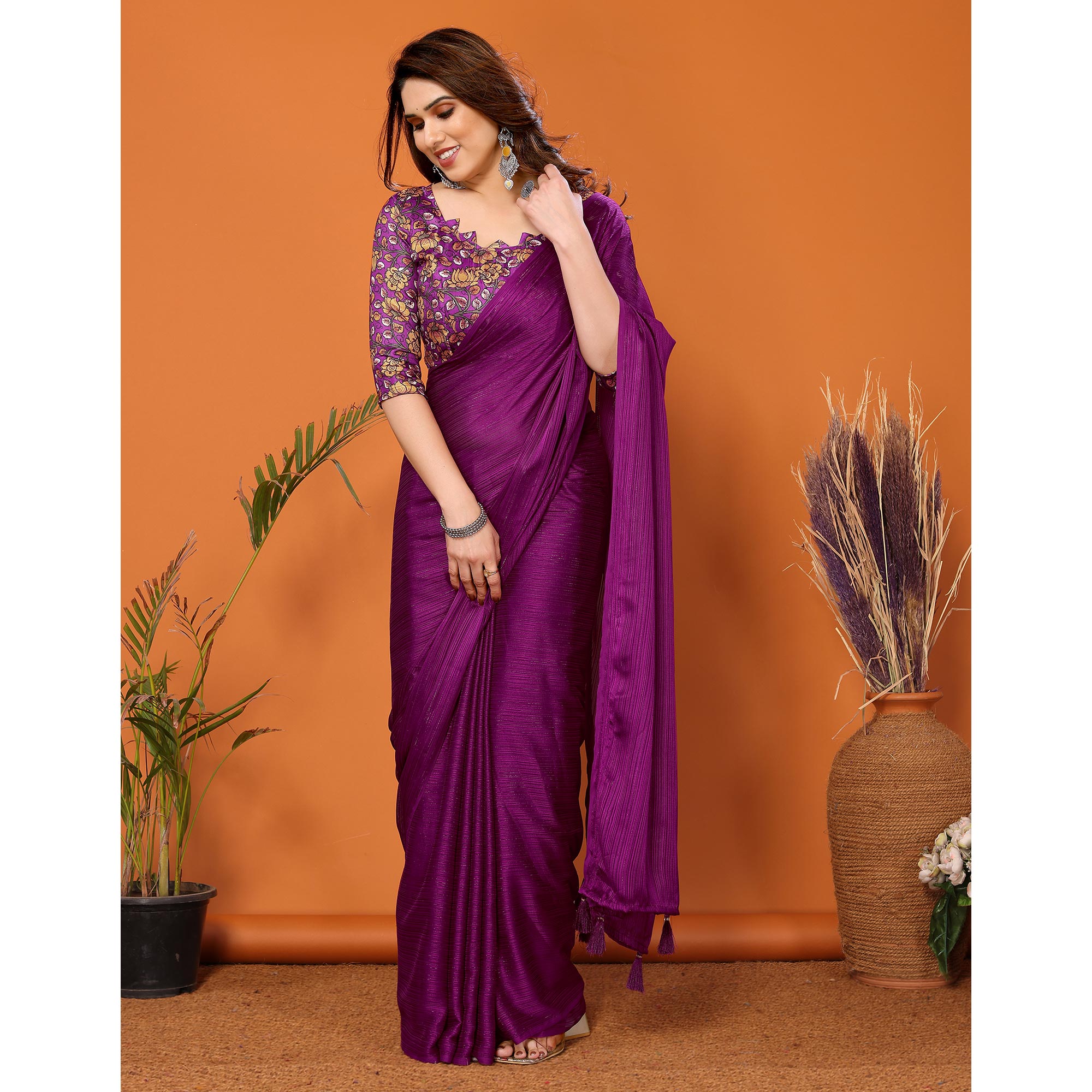 Purple Woven Satin Saree With Tassels