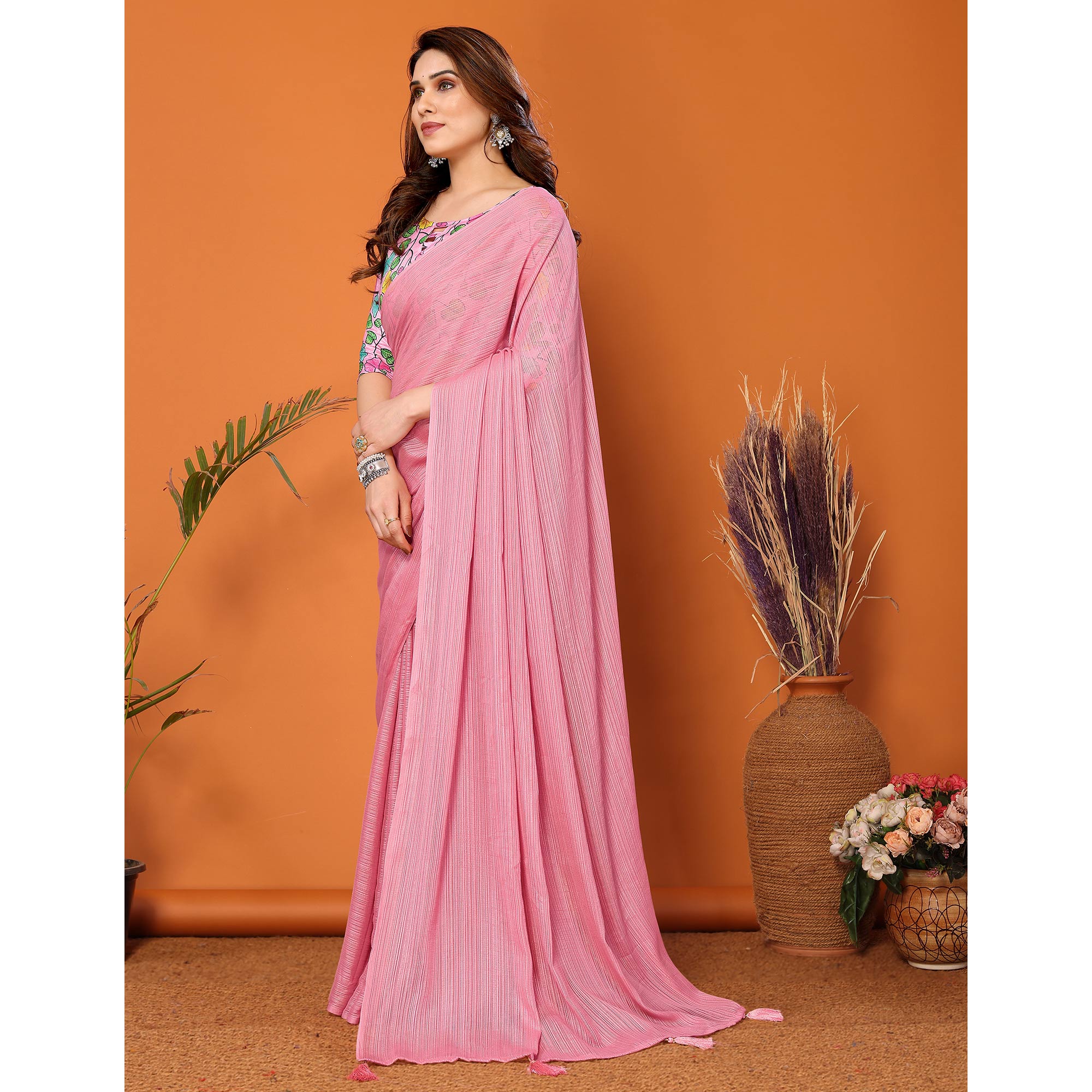 Rose Pink Woven Satin Saree With Tassels