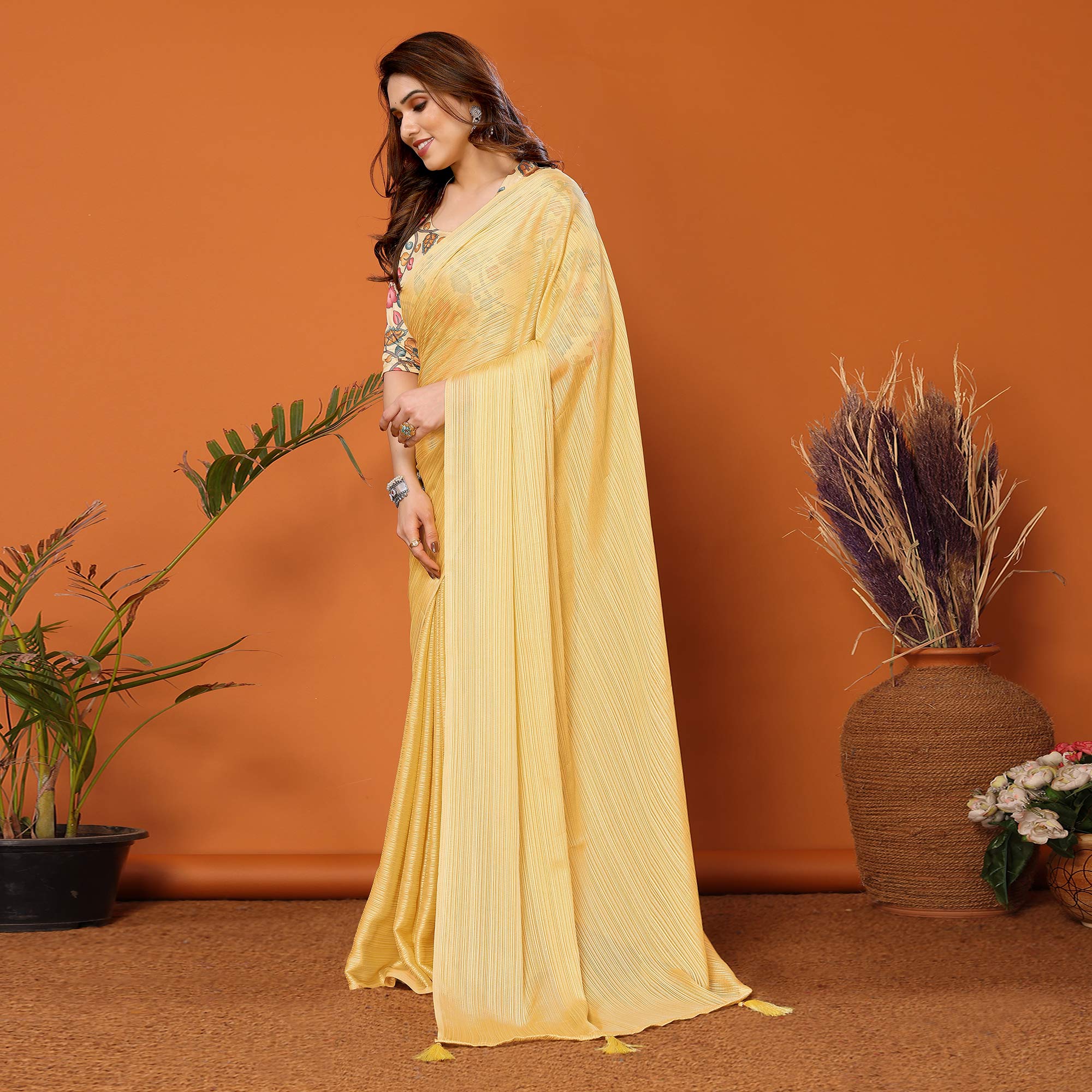 Yellow Woven Satin Saree With Tassels