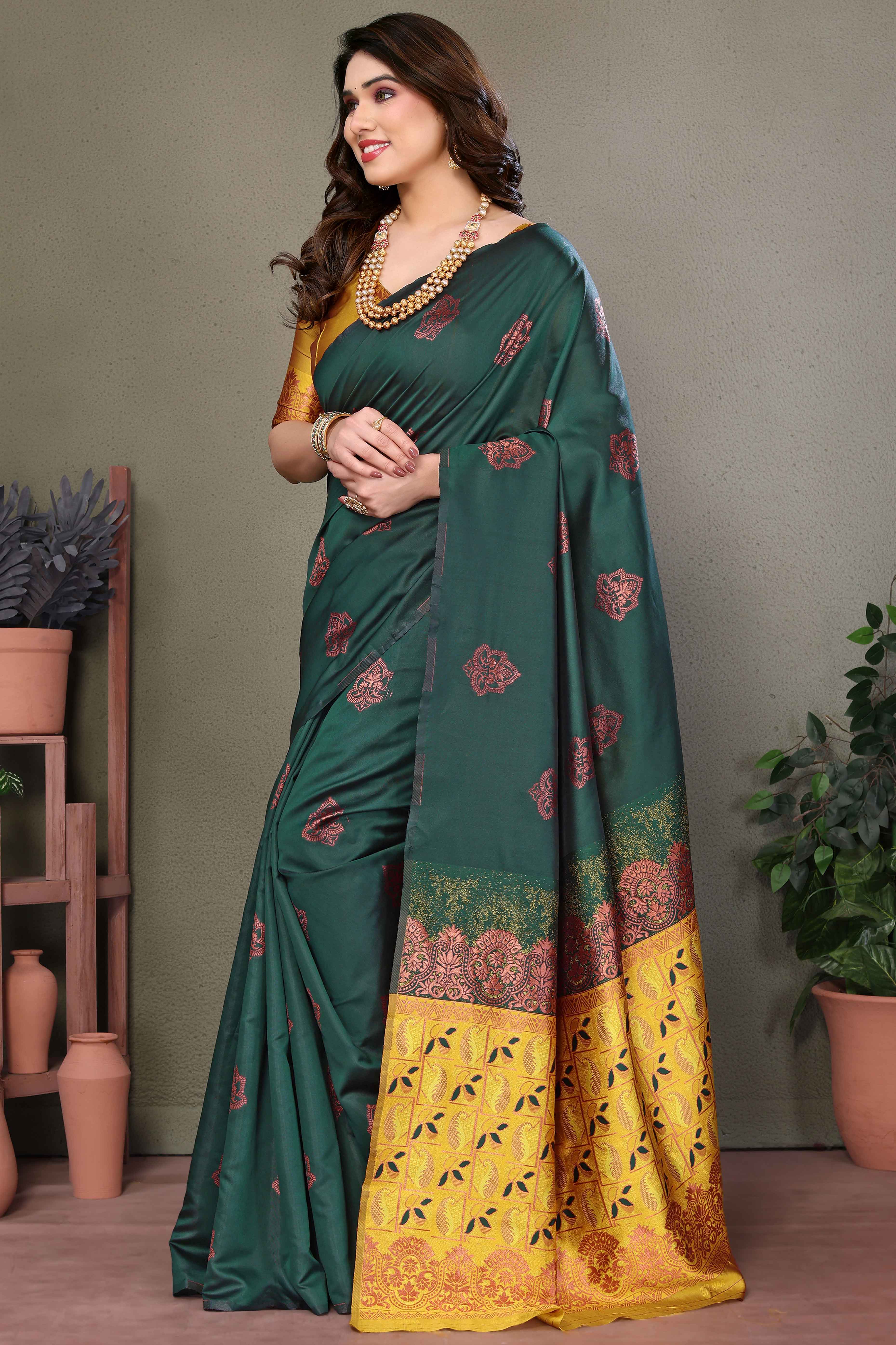 Green Floral Woven Banarasi Silk Saree