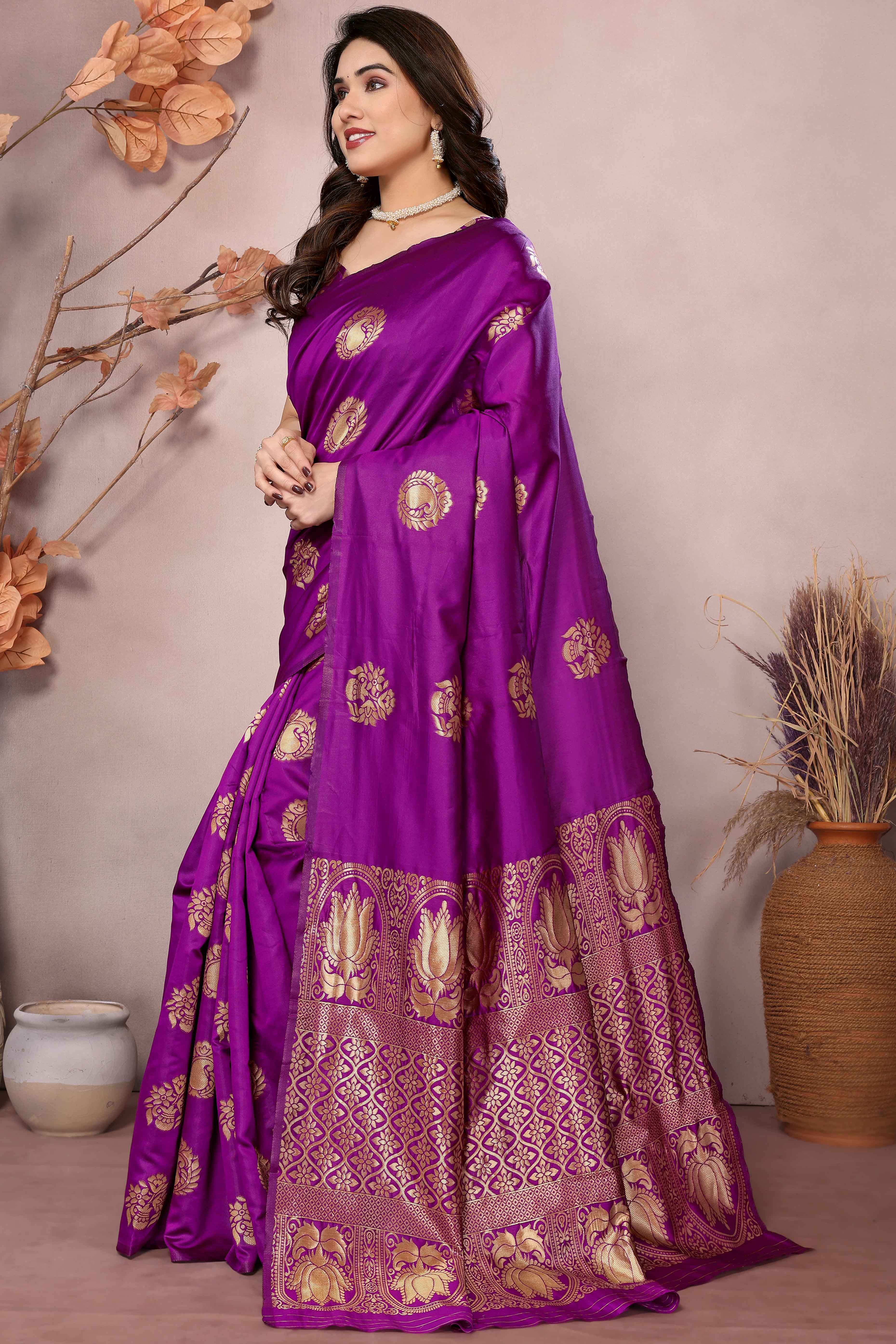 Magenta Floral Woven Banarasi Silk Saree