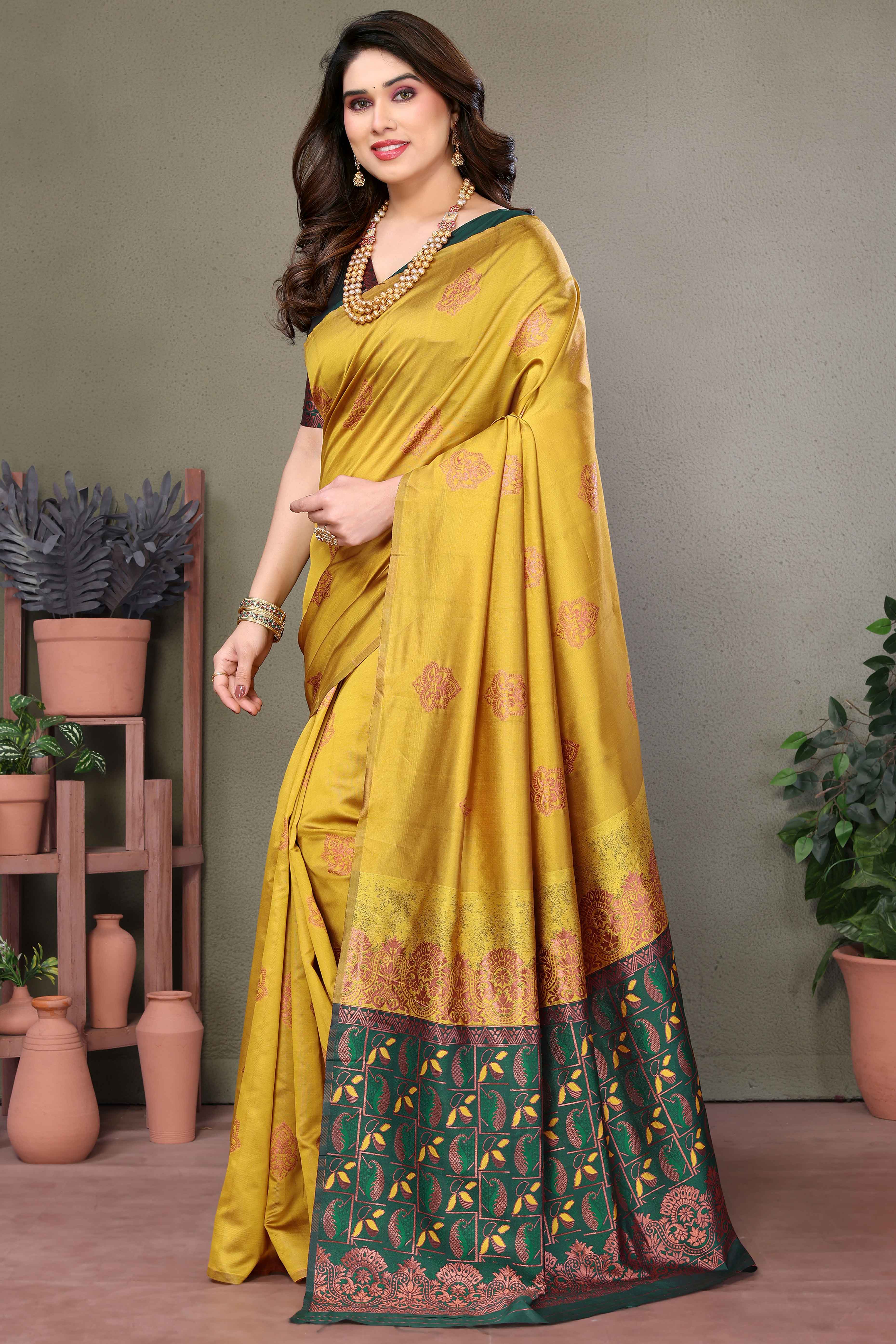 Mustard Floral Woven Banarasi Silk Saree