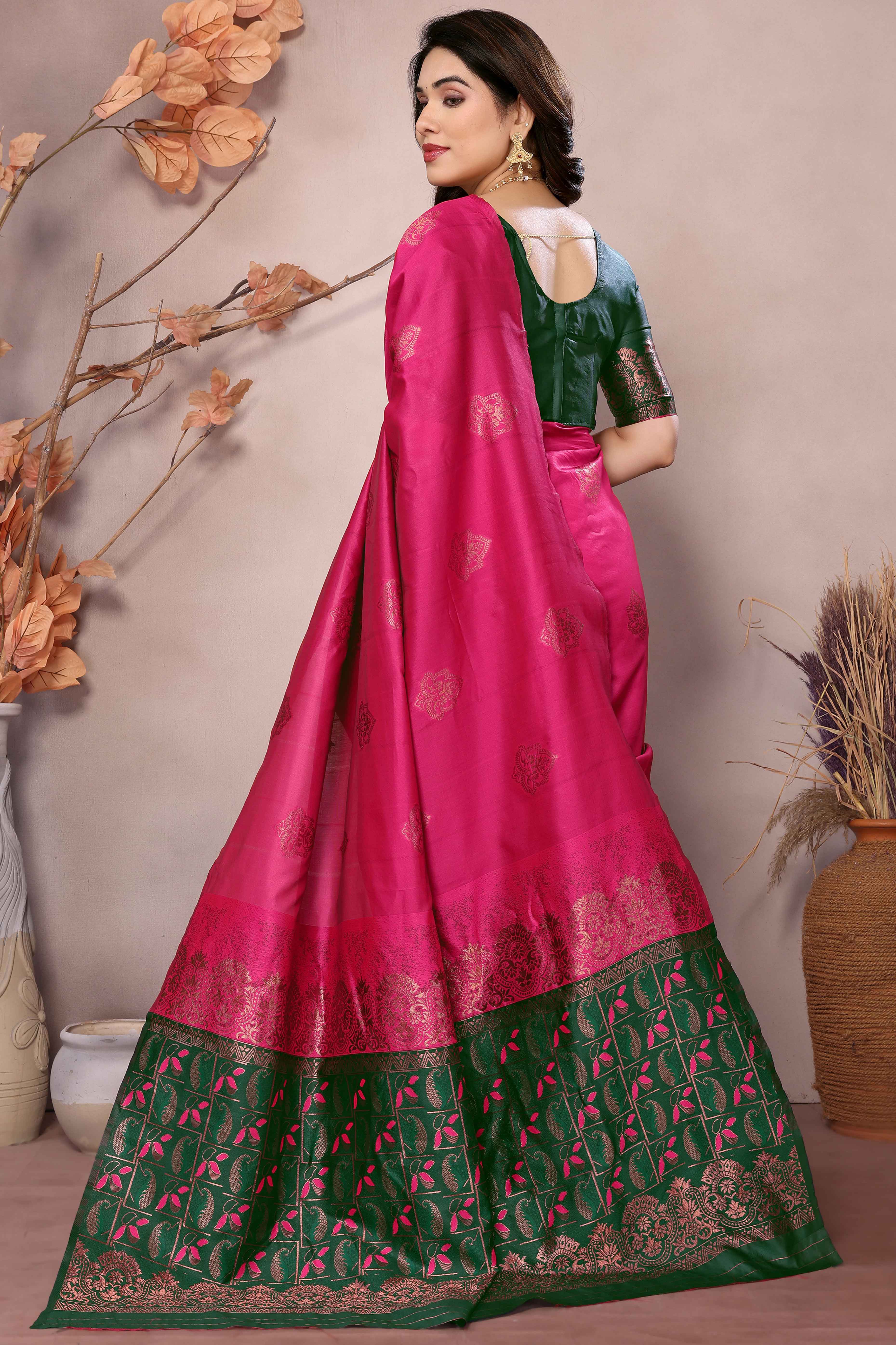 Pink Floral Woven Banarasi Silk Saree