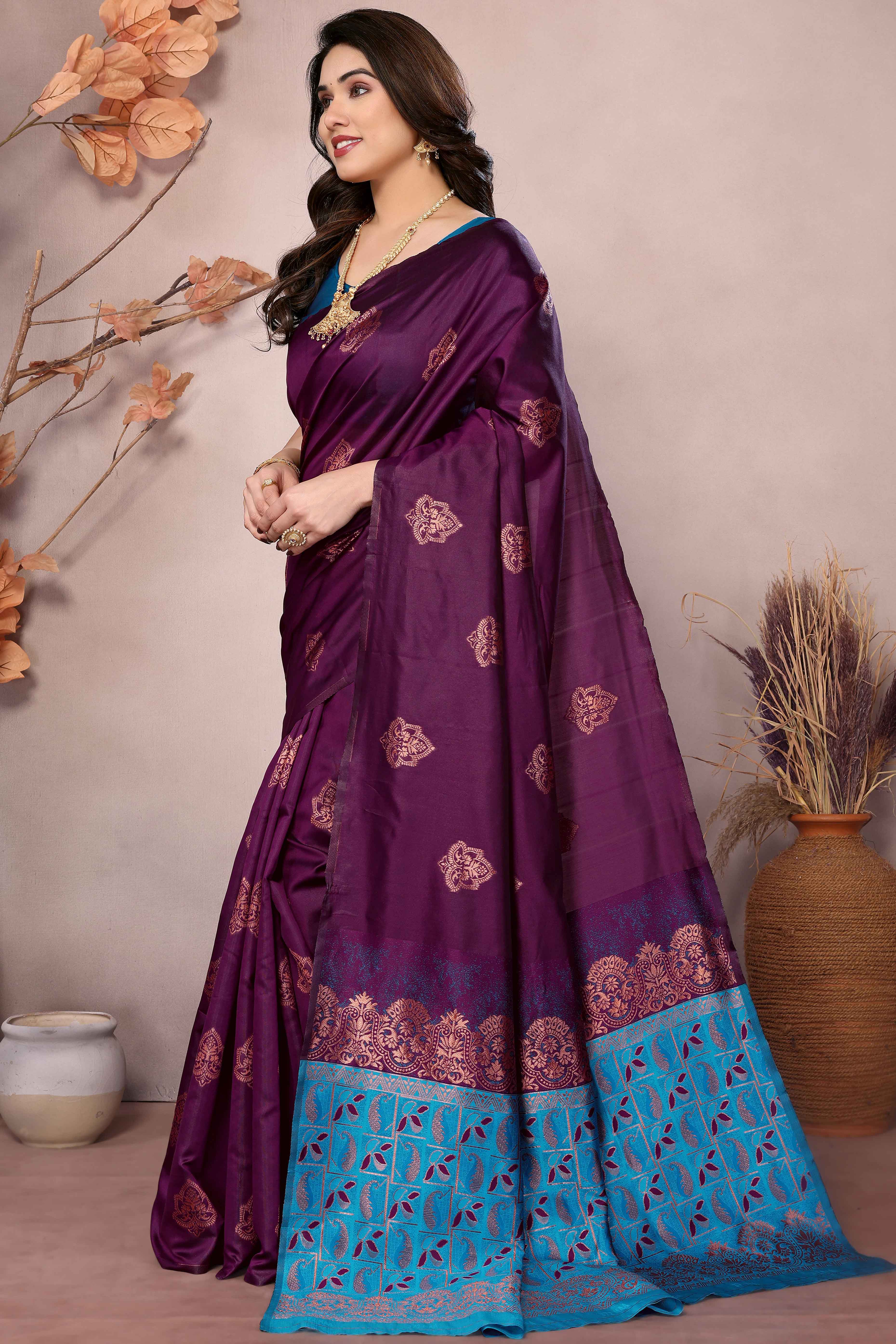 Purple Floral Woven Banarasi Silk Saree