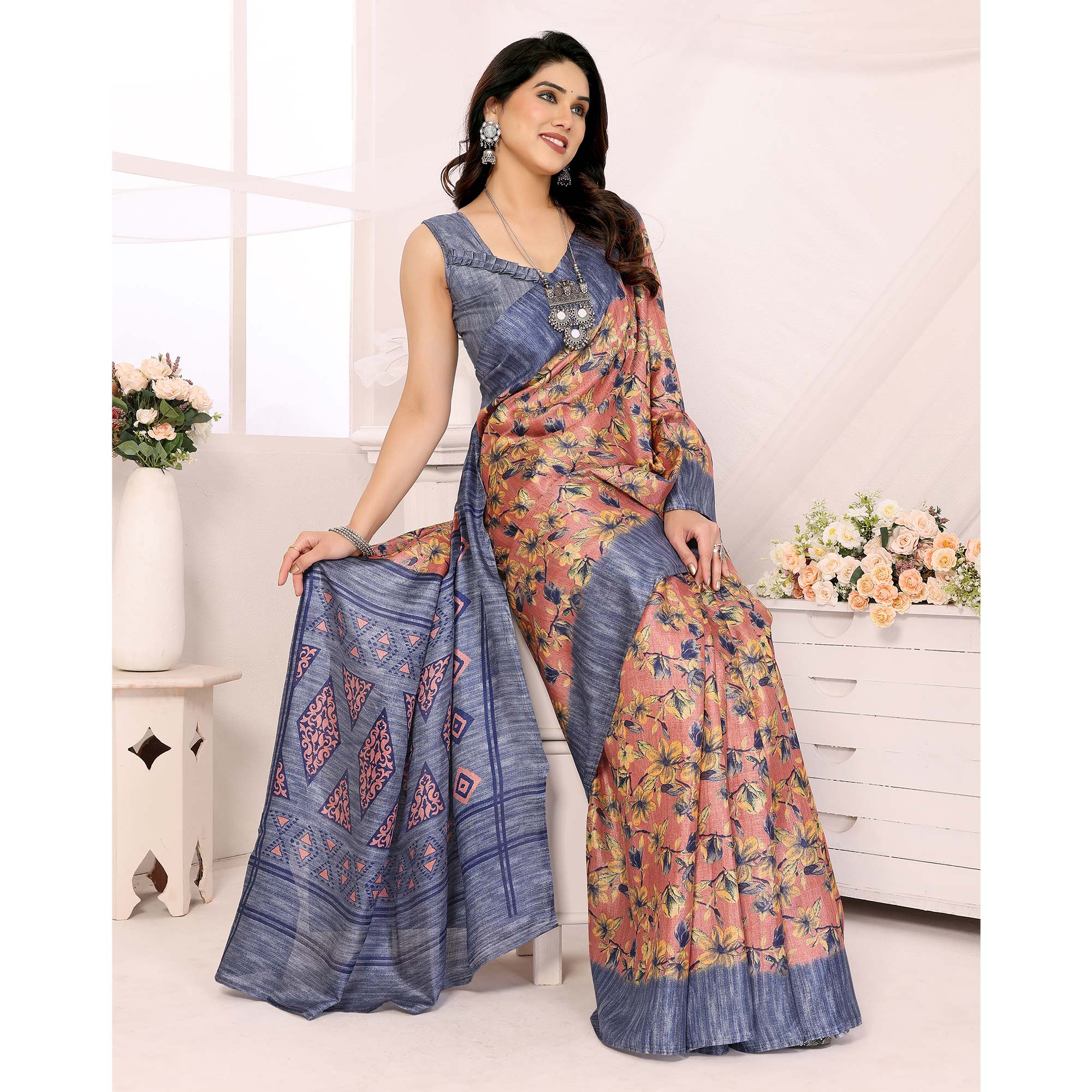 Grey Floral Printed Khadi Saree