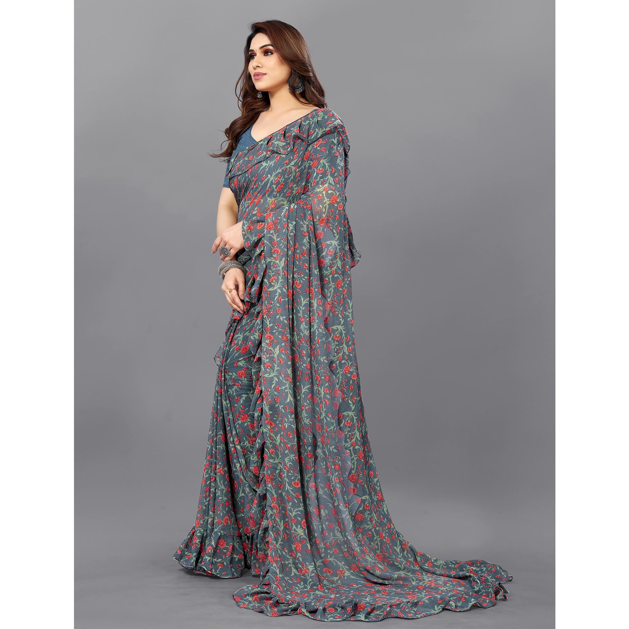 Grey Floral Printed Georgette Saree