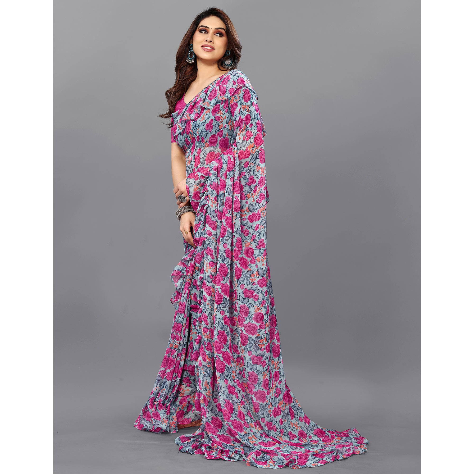 Turquoise Floral Printed Georgette Saree