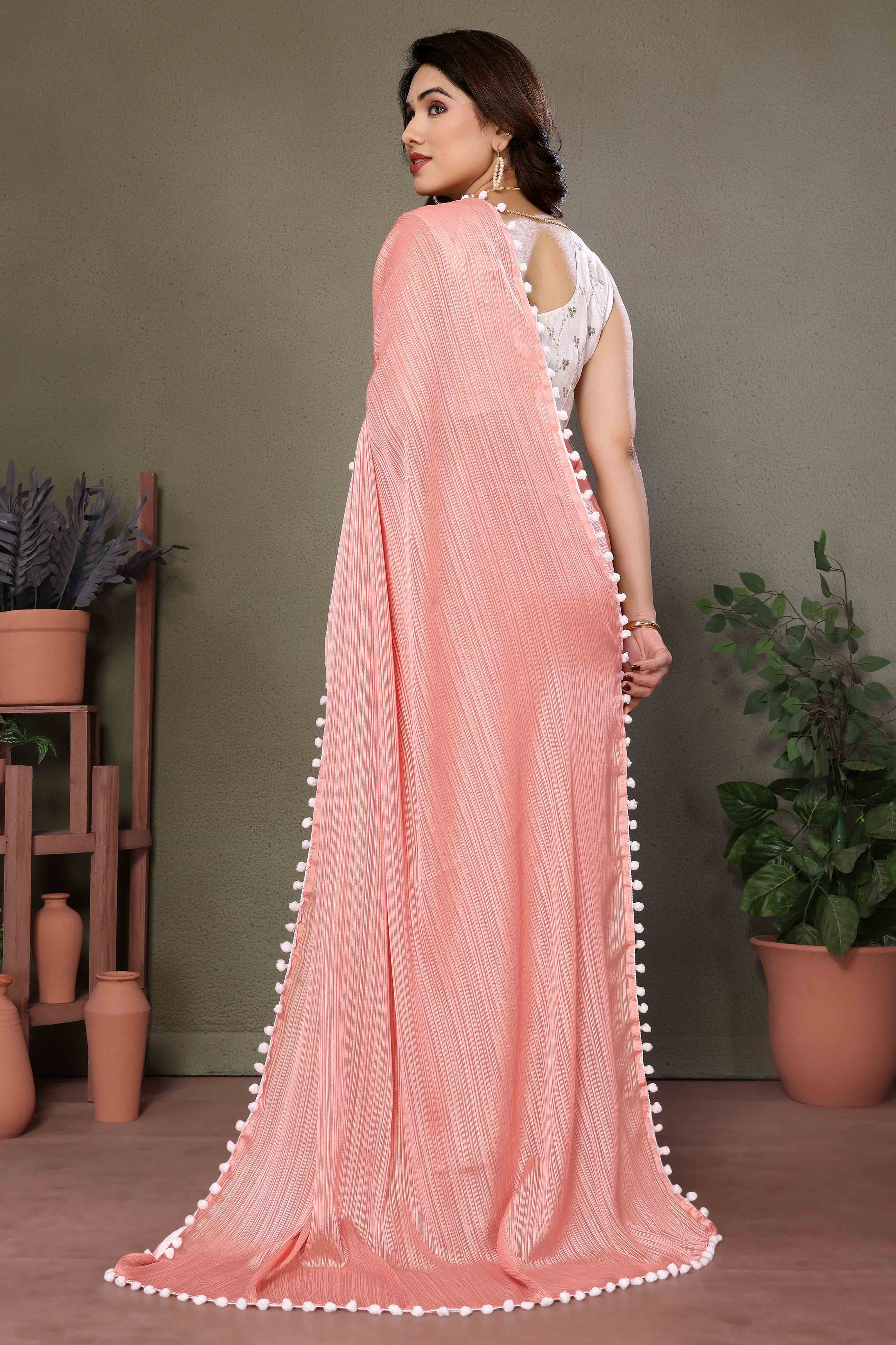 Peach Zari Woven Satin Saree With Pompom Border