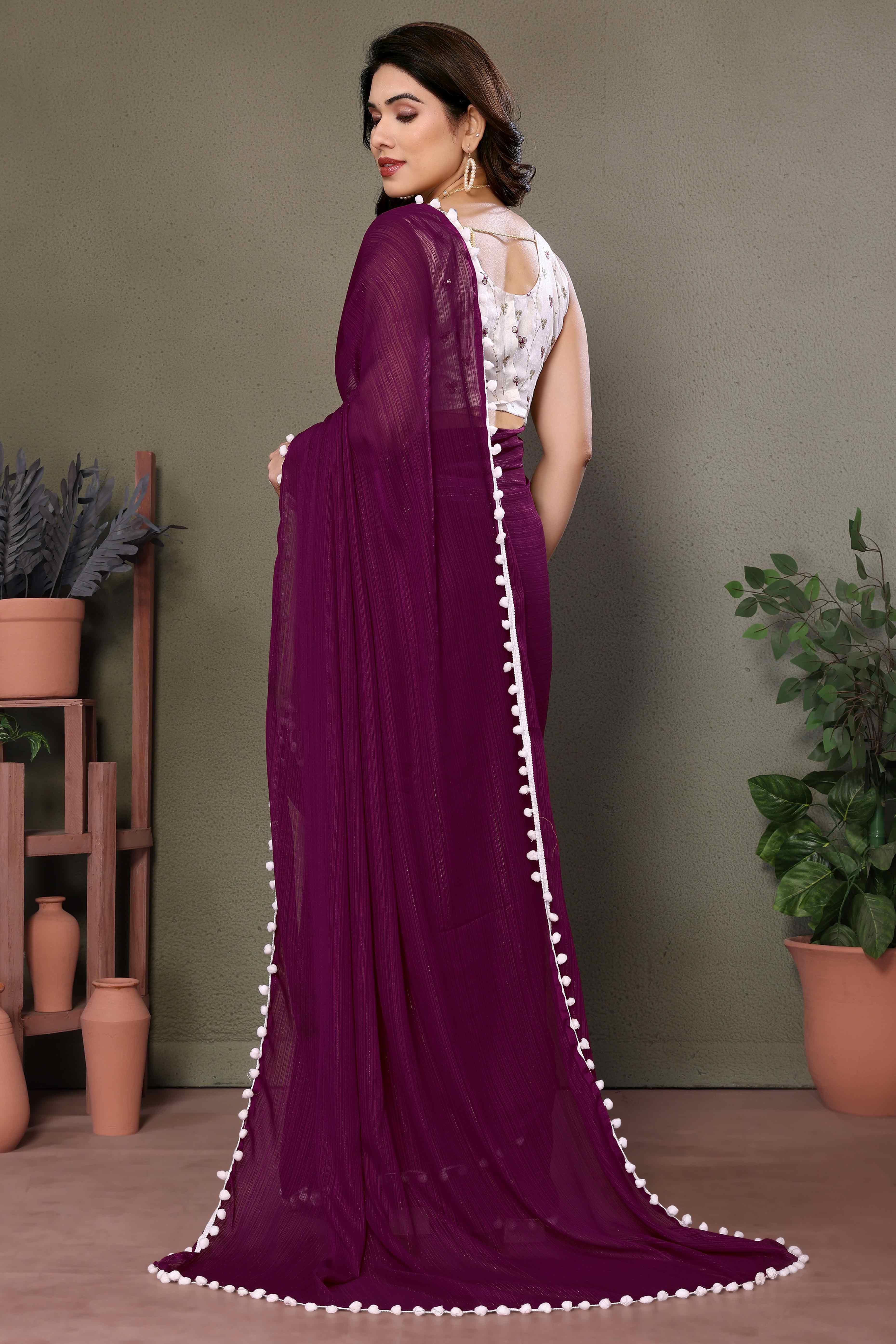 Purple Zari Woven Satin Saree With Pompom Border