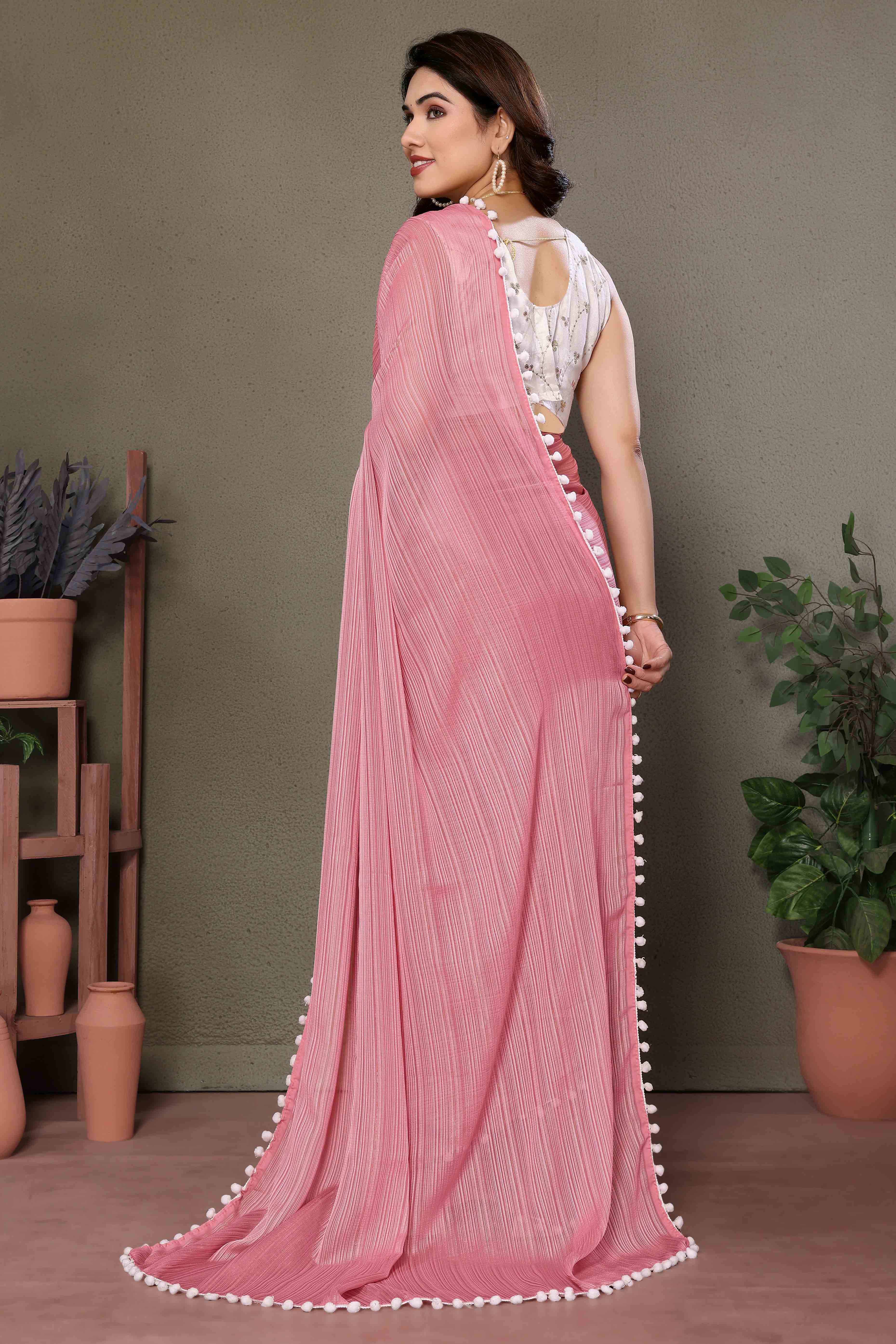 Rose Pink Zari Woven Satin Saree With Pompom Border