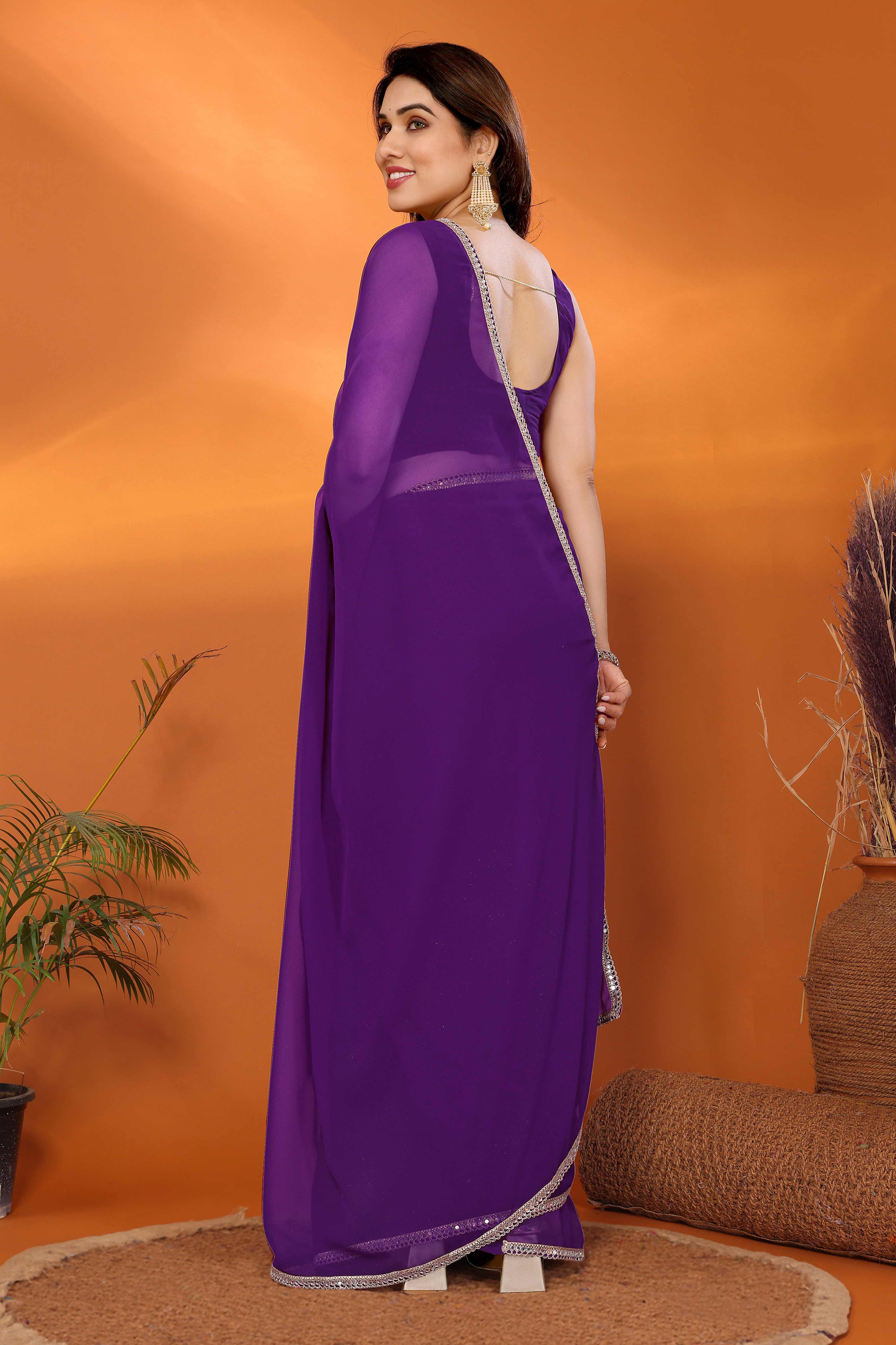Elegant Dark Violet Saree with Glam Mirror Border