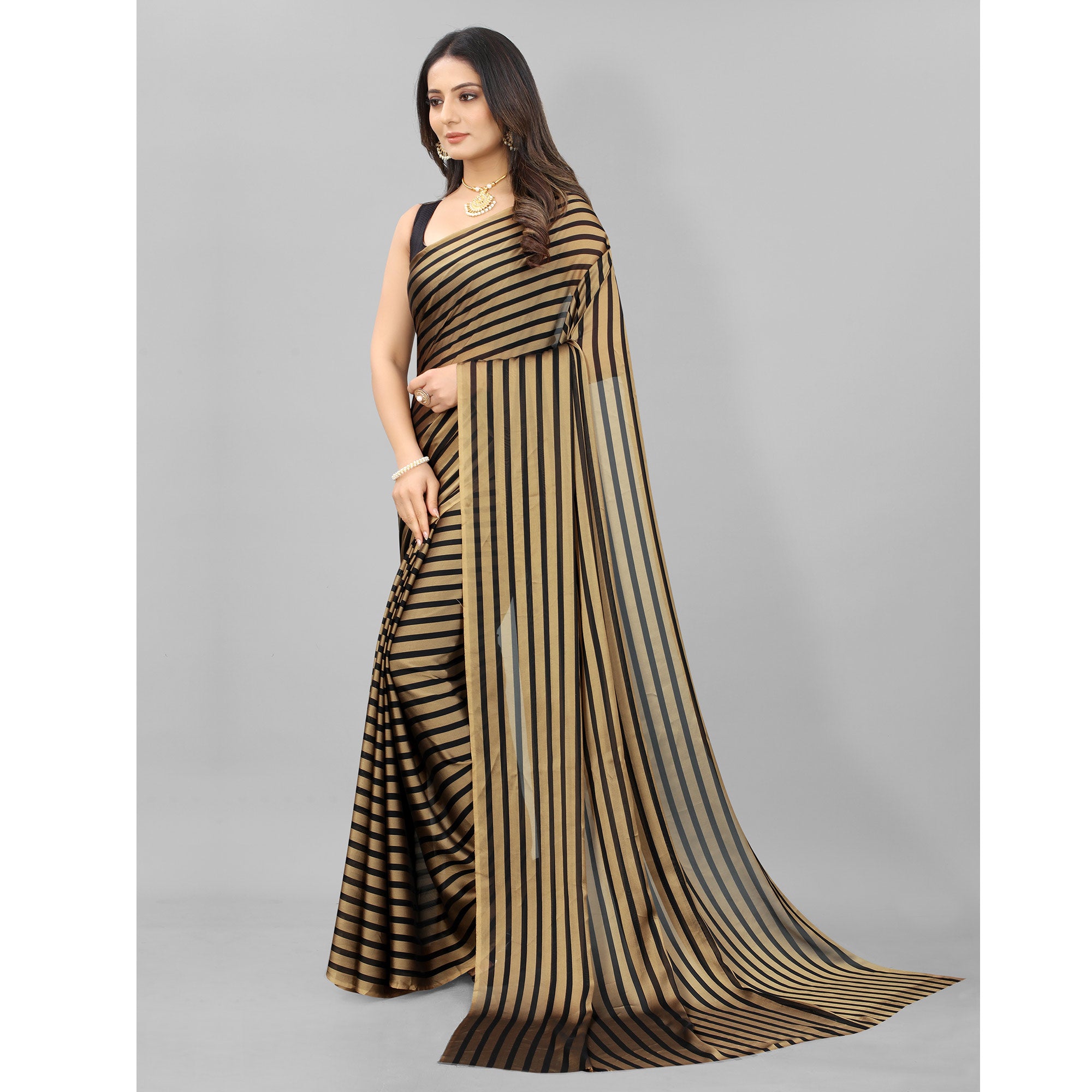 Gold Striped Printed Art Silk Saree