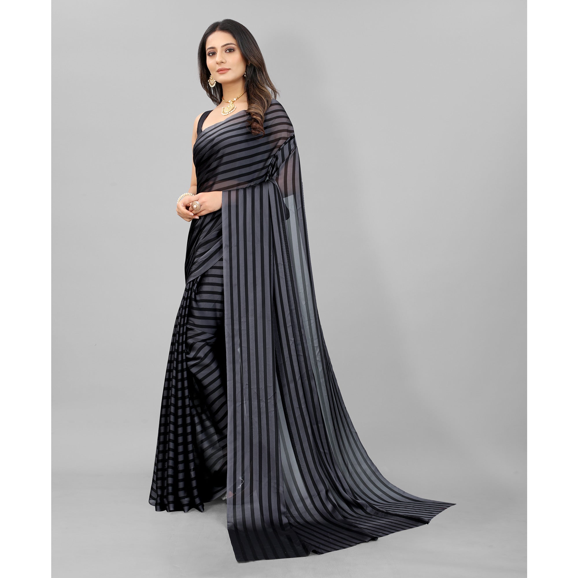 Grey Striped Printed Art Silk Saree