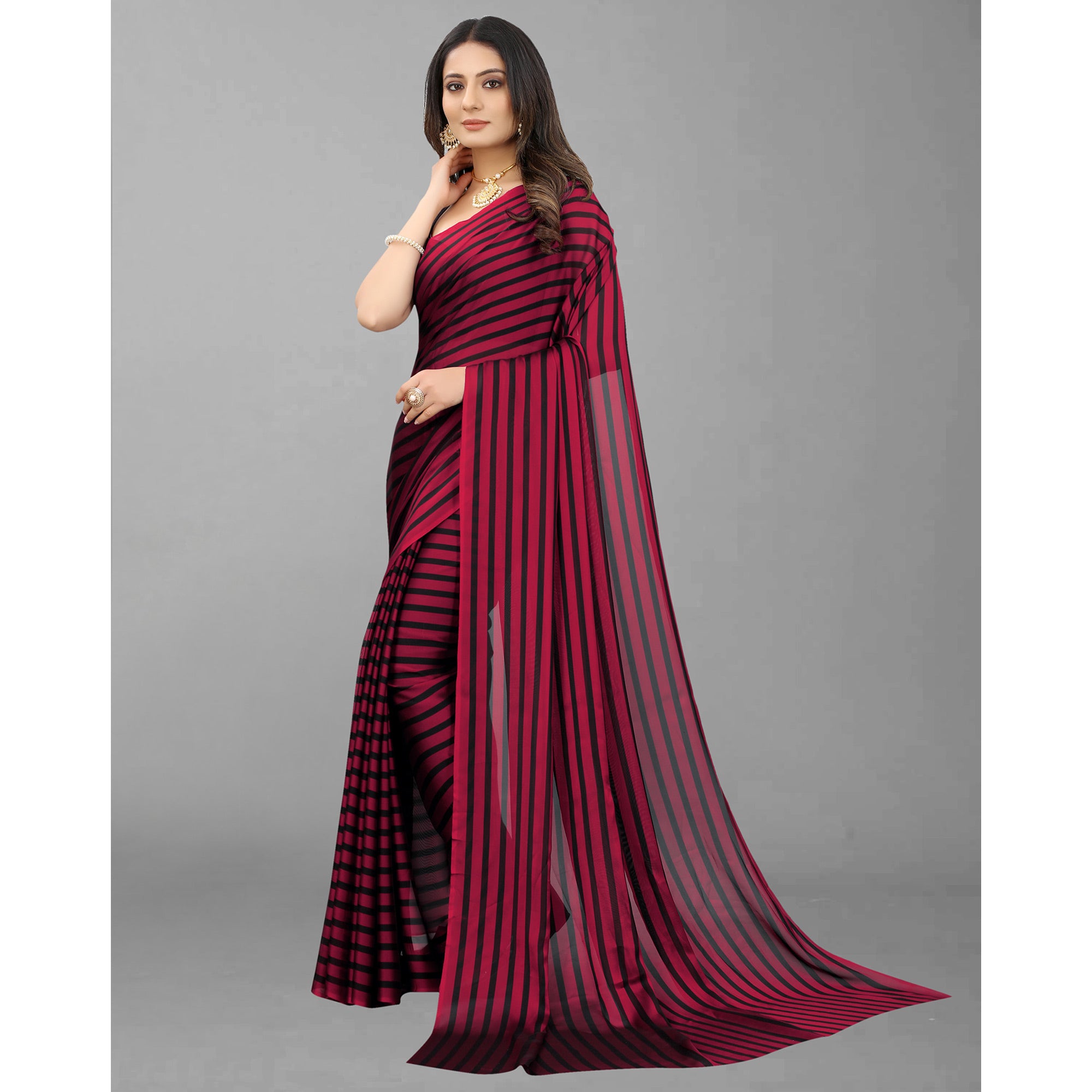 Red Striped Printed Art Silk Saree