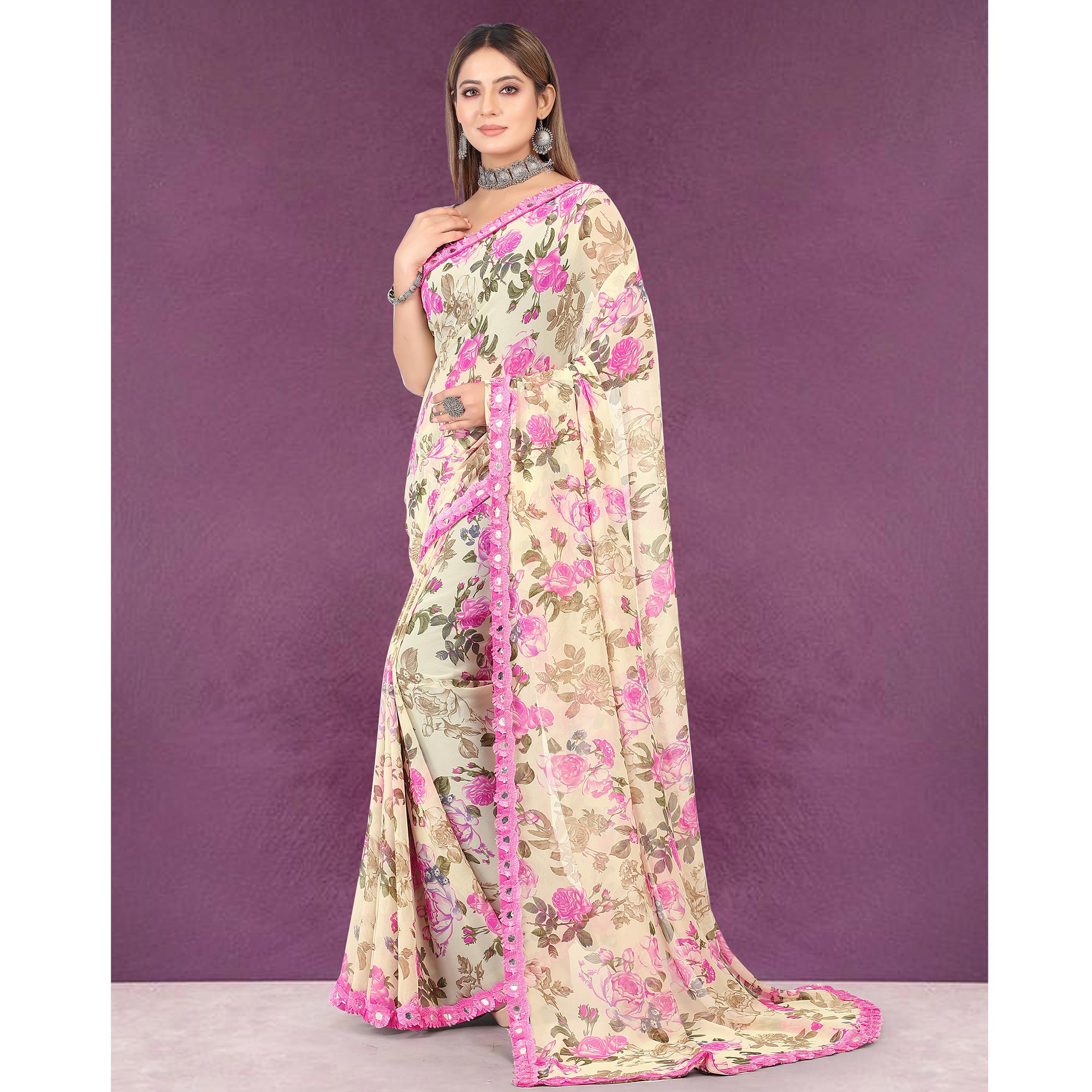 Beige Floral Printed Georgette Saree