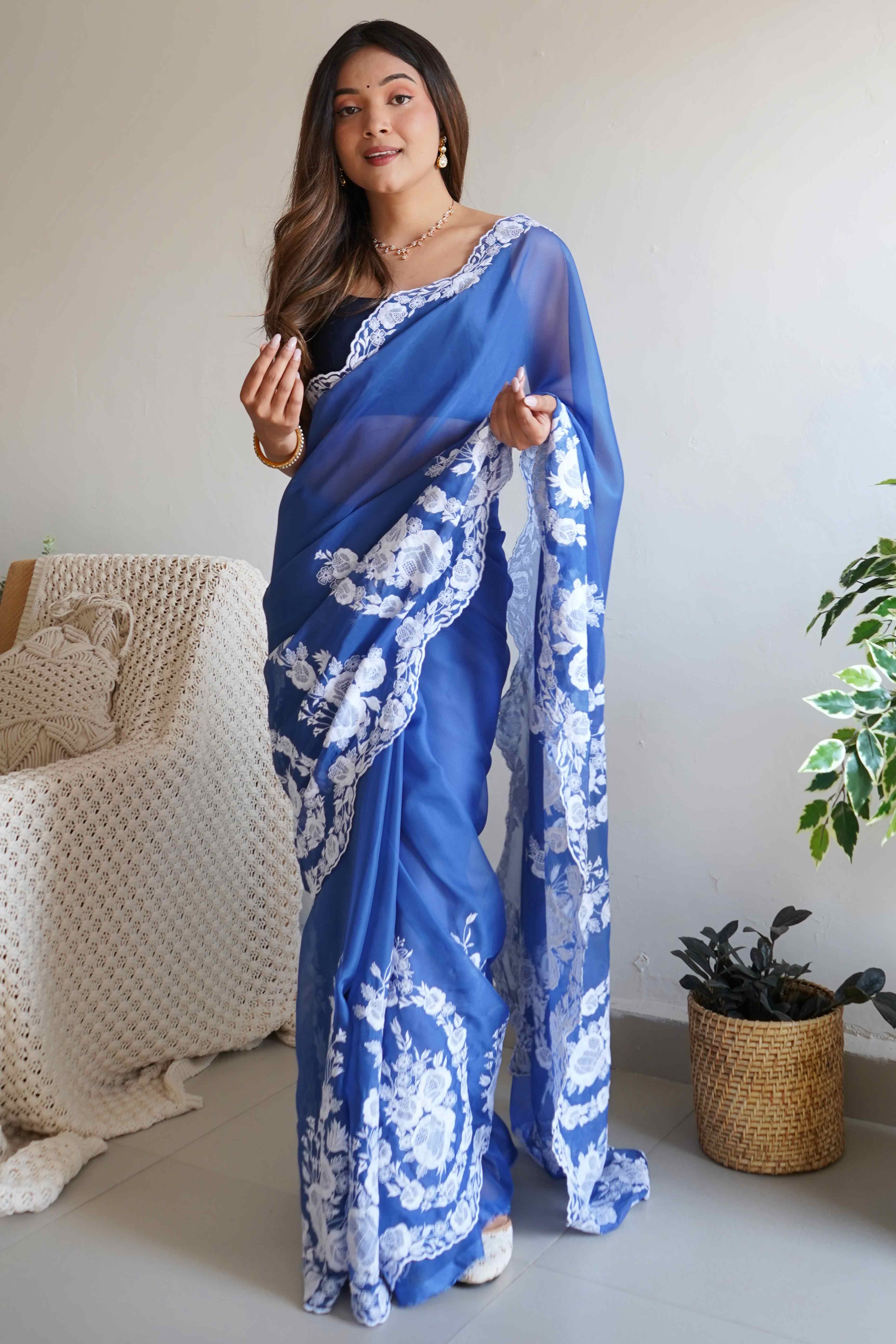 Blue Embroidered Georgette Saree Featuring Ornate Heavy Thread Work