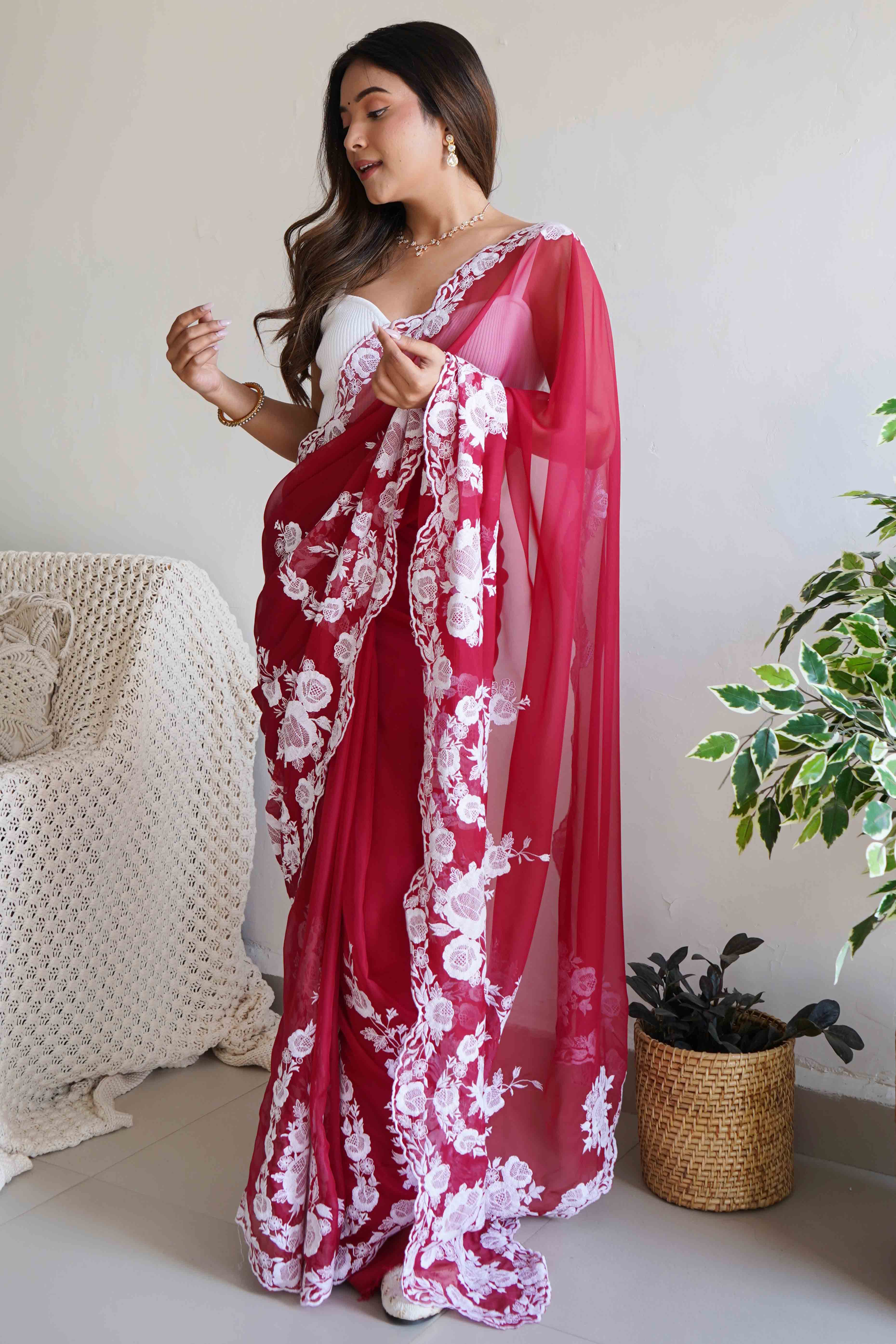 Red Embroidered Georgette Saree Featuring Ornate Heavy Thread Work