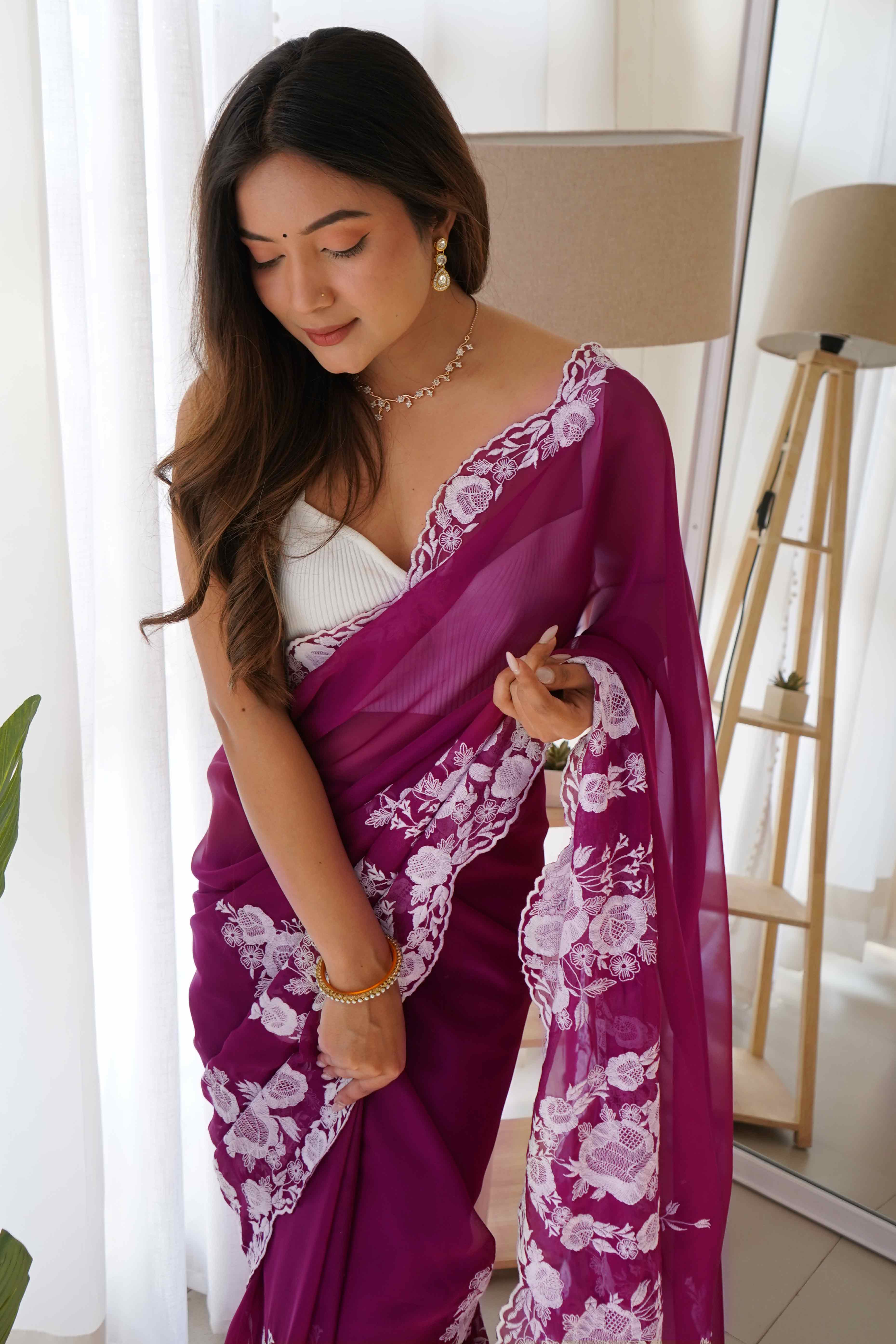 Wine Embroidered Georgette Saree Featuring Ornate Heavy Thread Work