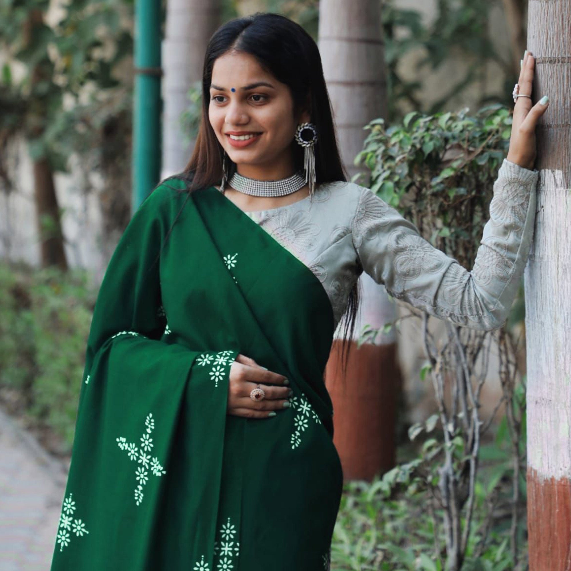 Bottle Green Floral Printed Muslin Saree With Tassels