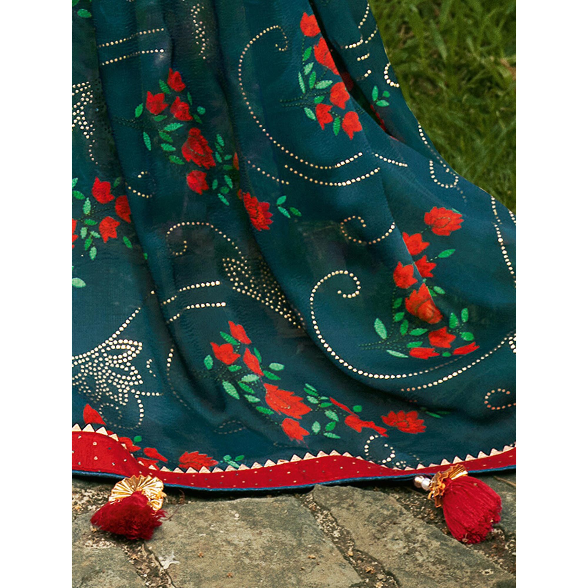 Teal Blue Floral Printed Chiffon Saree