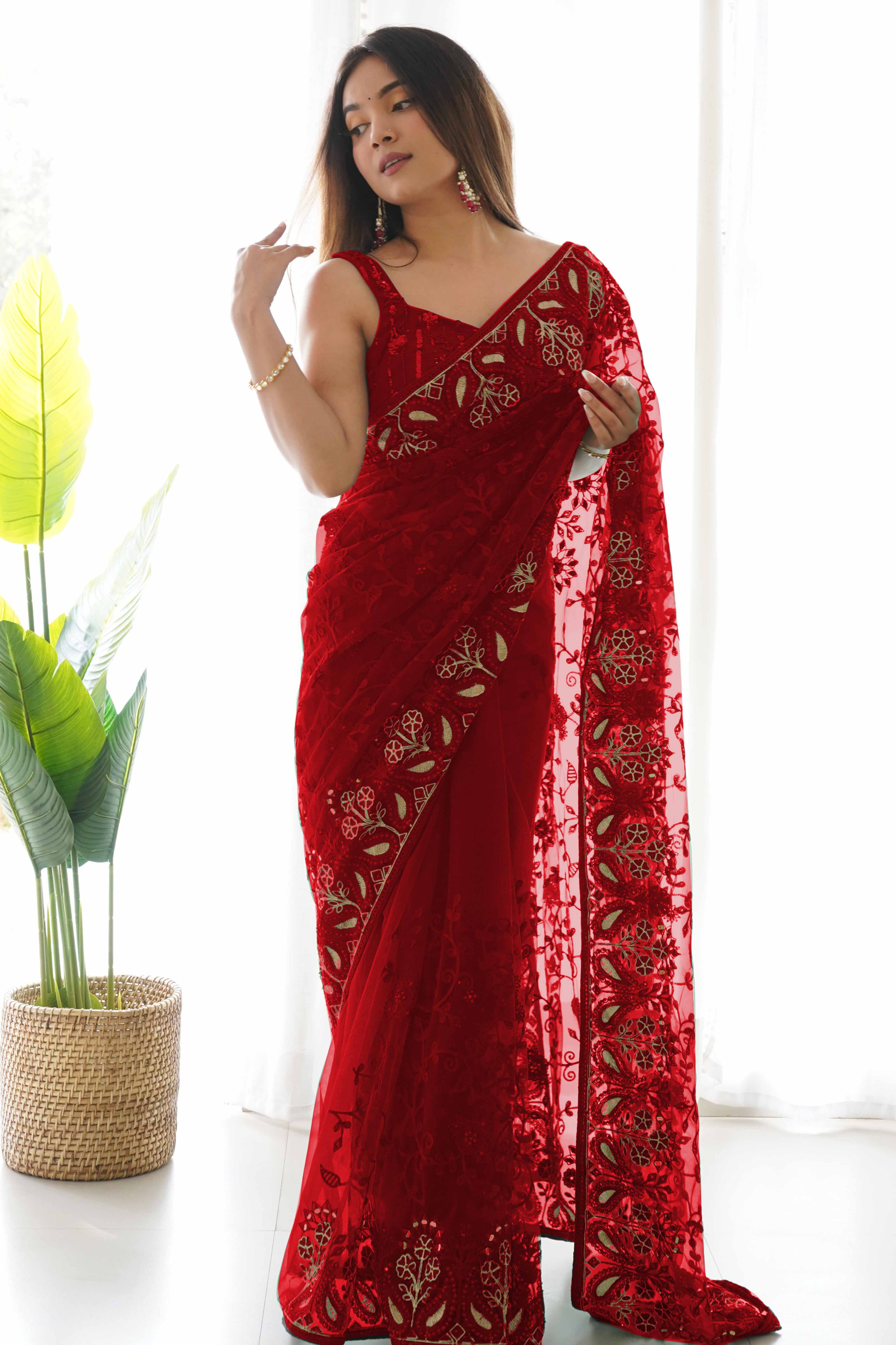 Maroon Net Saree With Floral Thread Embroidery Adorned In Stone & Mirror Accents