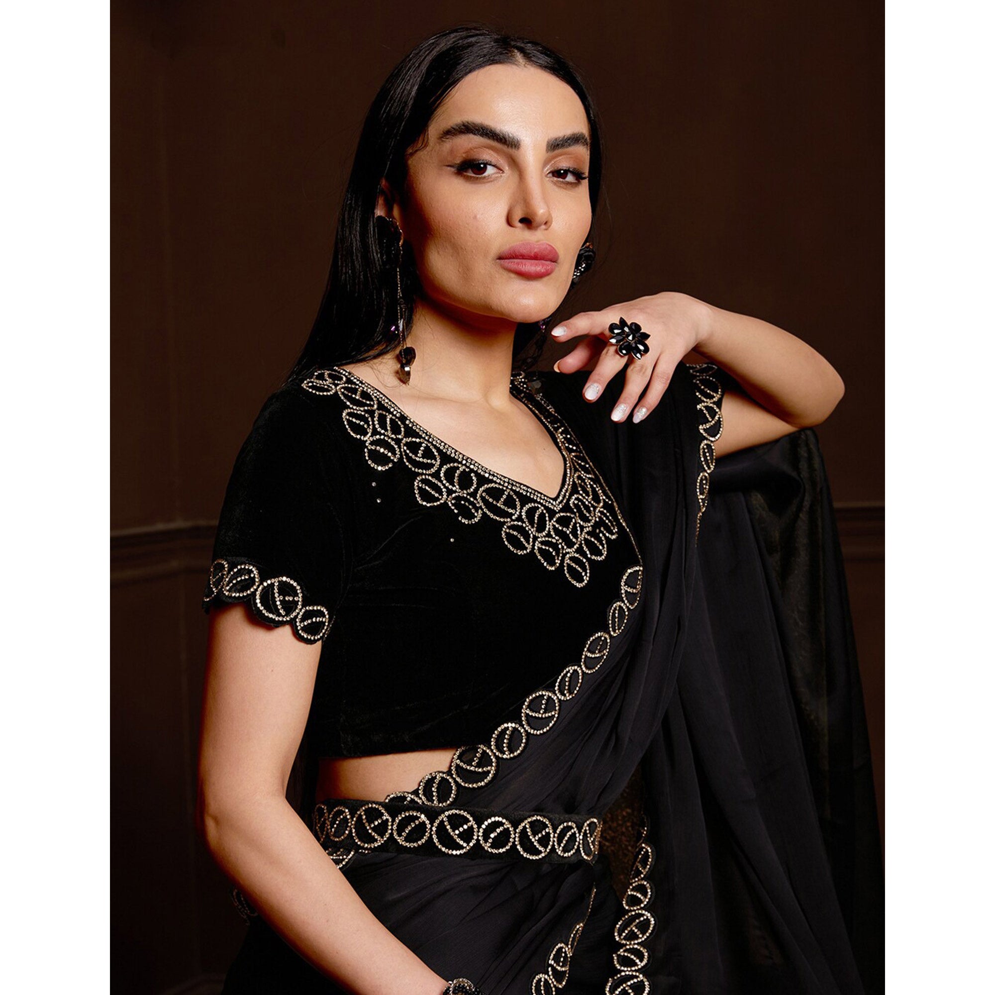 Black Stone Work Chiffon Saree