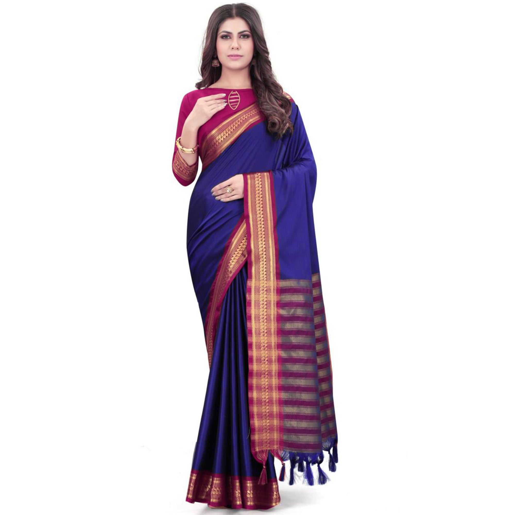 Blue Solid Cotton Silk Saree With Jacquard Border