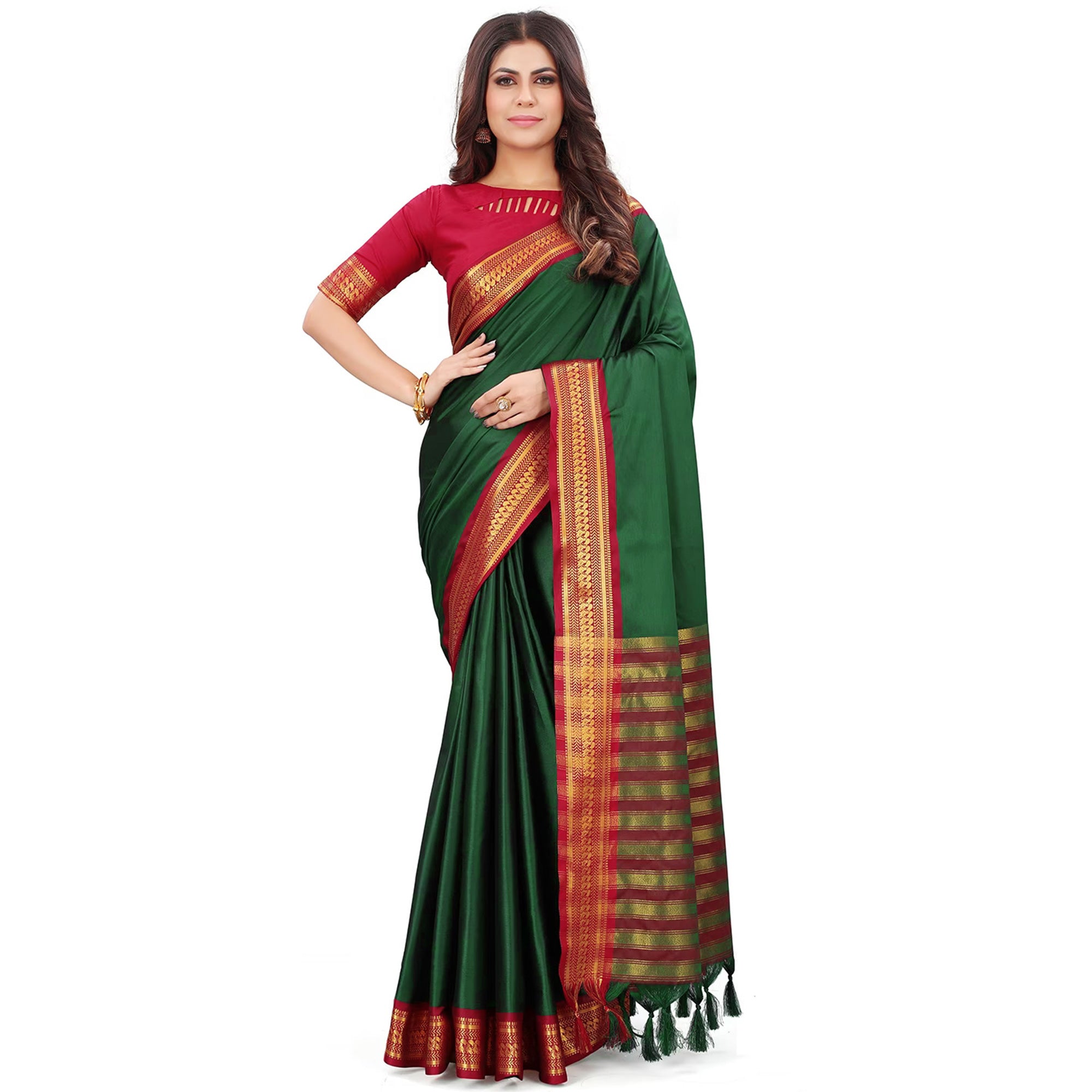 Bottle Green Solid Cotton Silk Saree With Jacquard Border