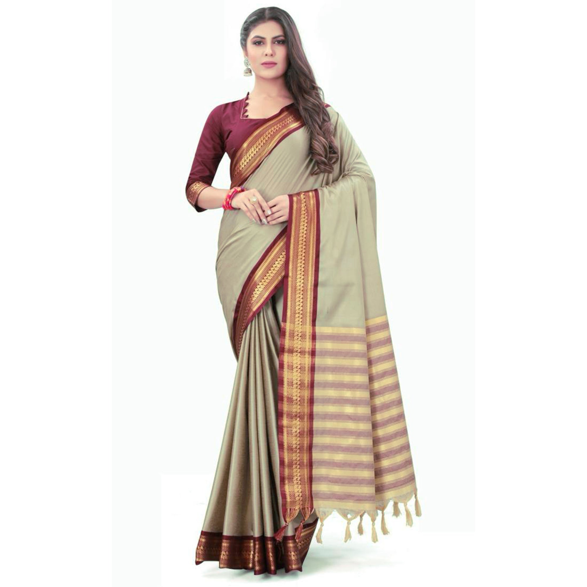 Chikoo Solid Cotton Silk Saree With Jacquard Border