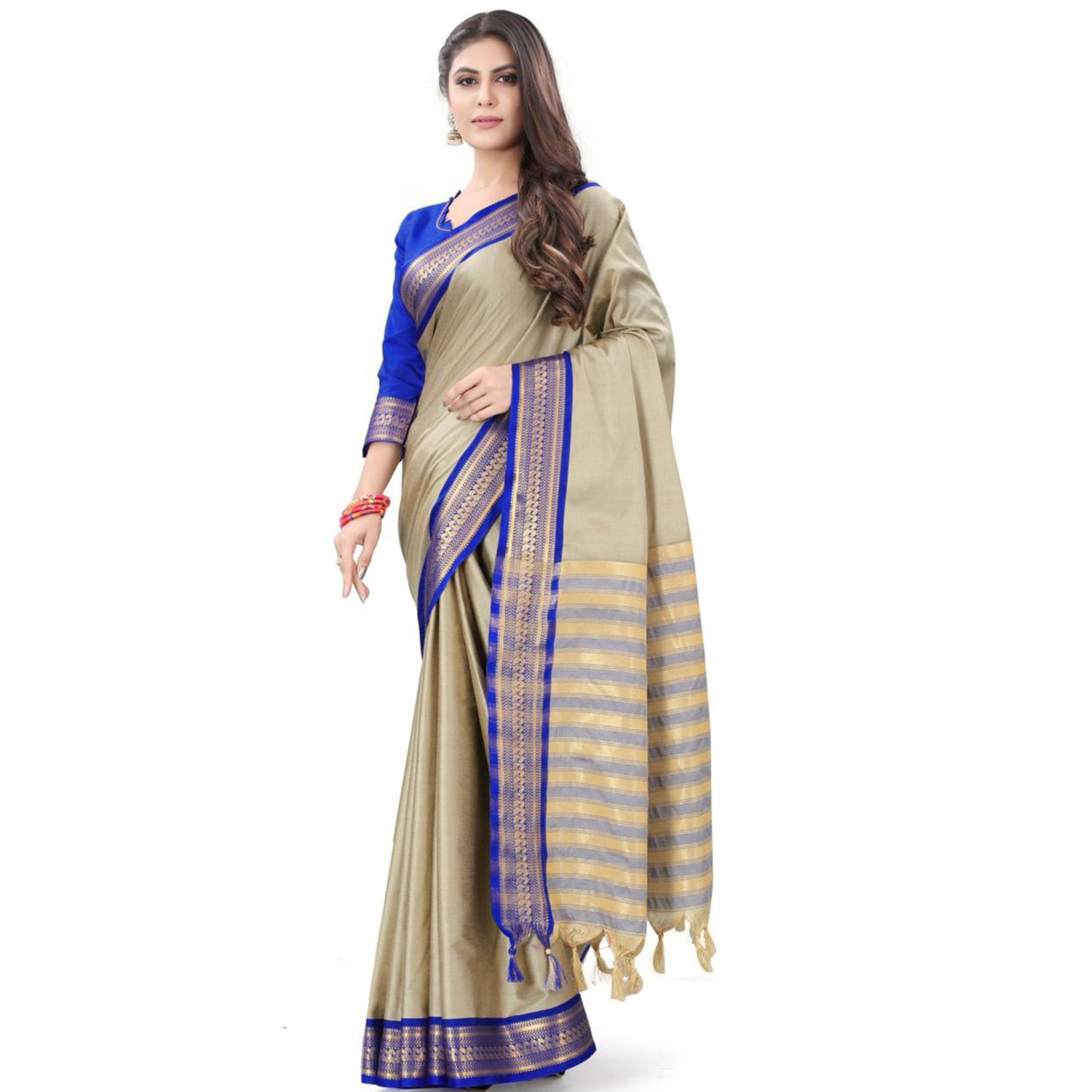 Chikoo & Blue Solid Cotton Silk Saree With Jacquard Border